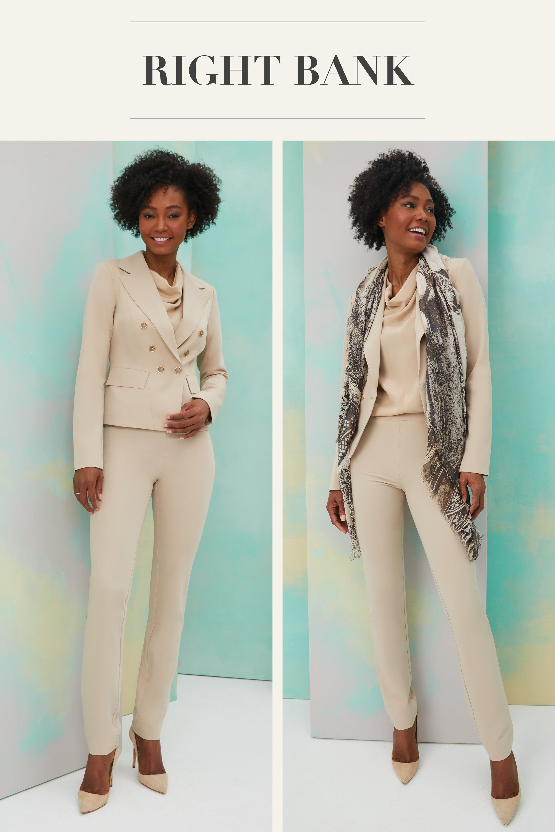 Spring catalog in Right Bank section of model wearing Right Bank pant and Right Bank jacket.