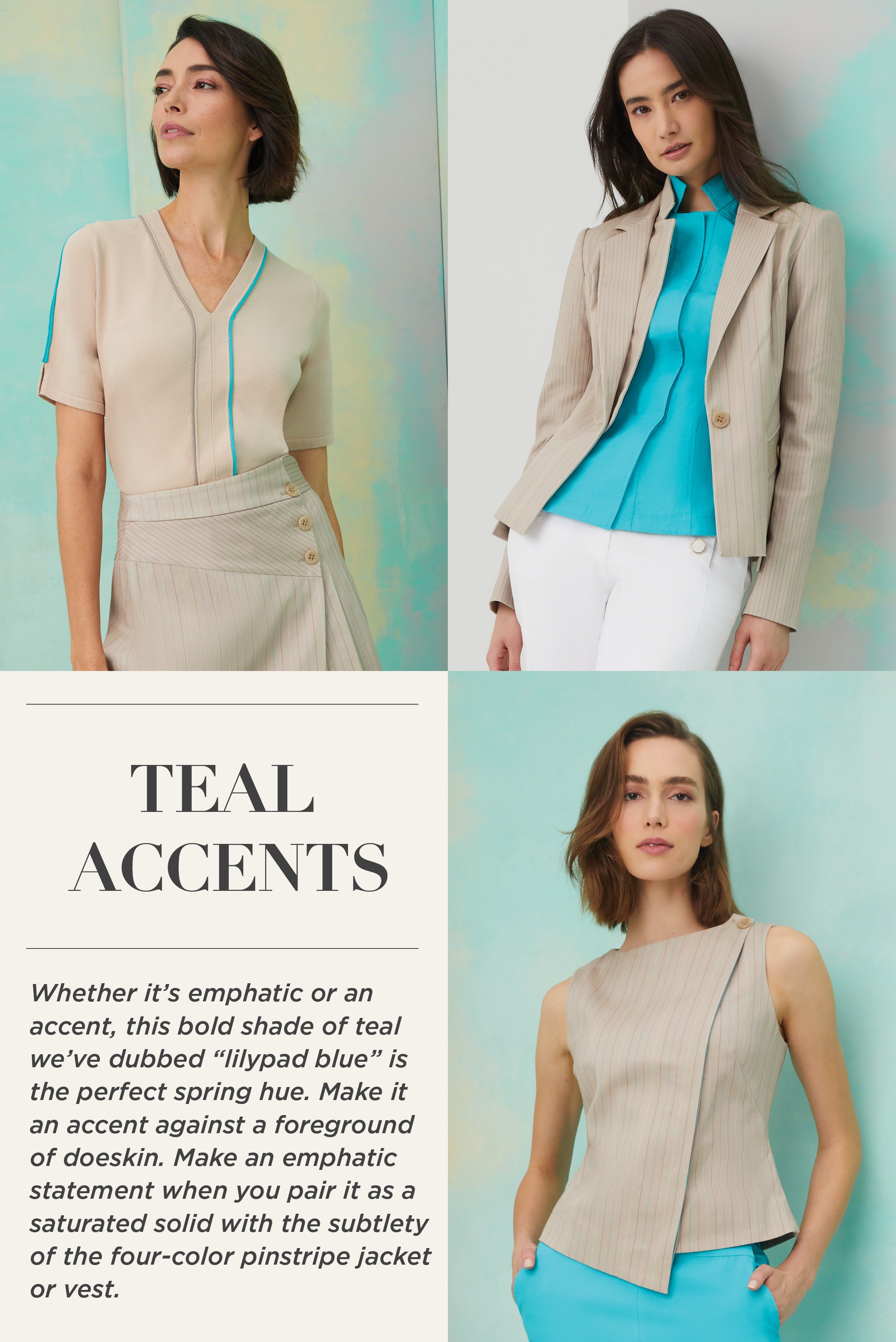 Spring catalog in Teal Accents section of model wearing Pont Neuf Skirt, Pont Neuf Jacket and Pont Neuf Skirt.