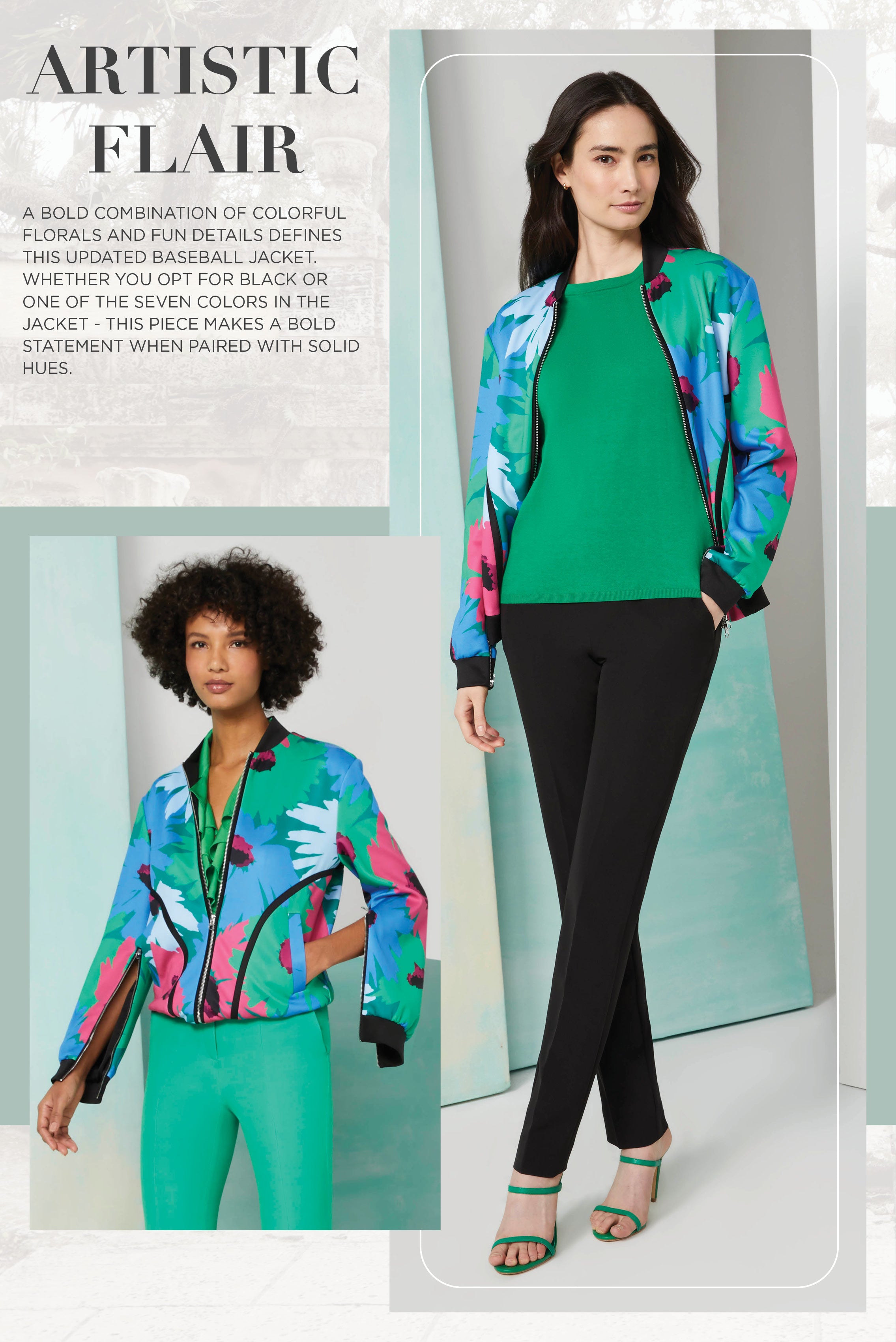 Photo of a model wearing the Prado jacket, which is a floral print ponte knit jacket. Also the Swift-Grn pants, which is a fluid double-weave pants. Photo of a model wearing the Parafon-Grn sweater, which is a suvin-cotton pullover knit top.
