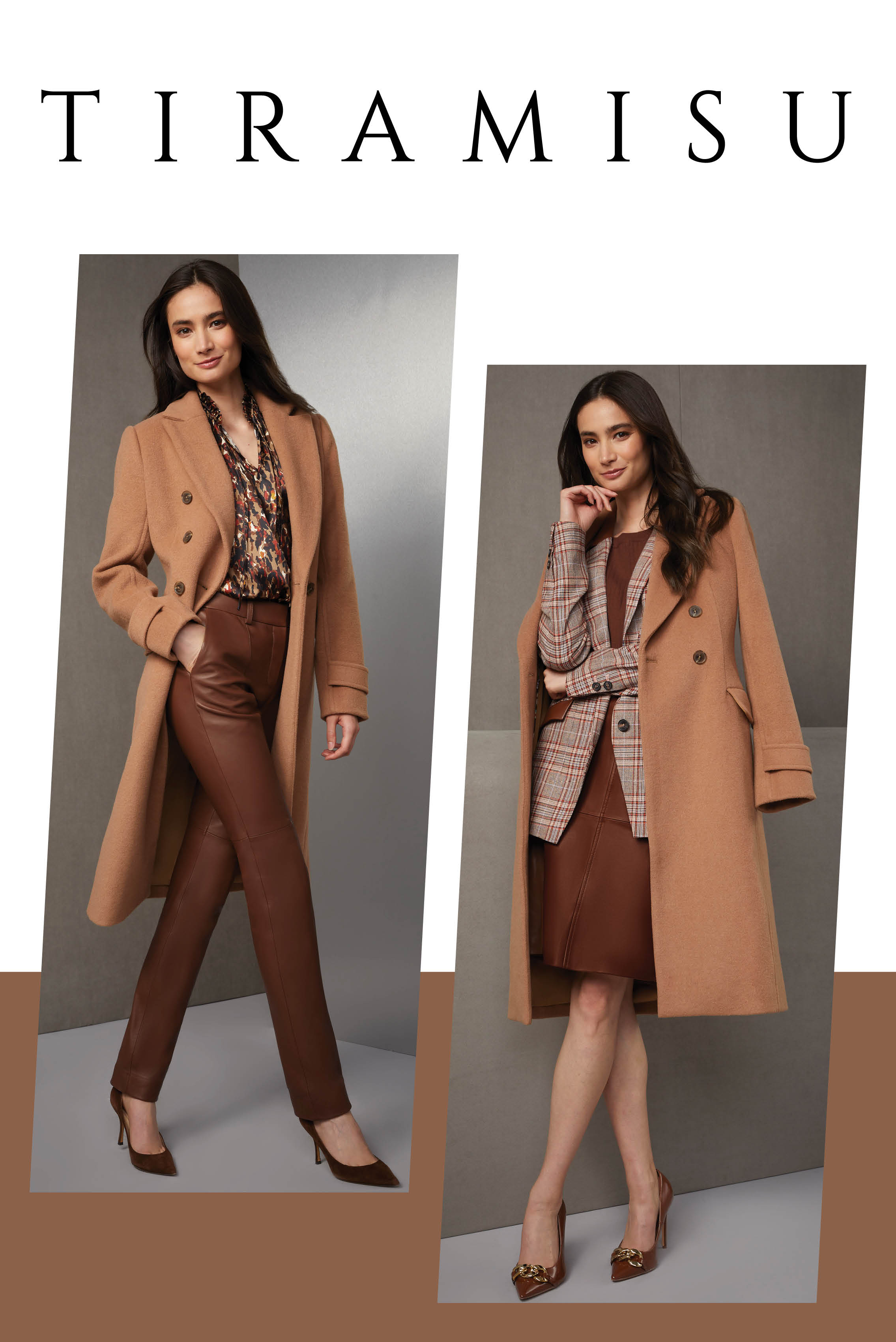 This meticulously coordinated outfit harmonizes the warm camel ground of a stretch silk satin leopard print blouse with a tailored wool coat in a matching hue. The blouse print also contains deep caramel which is cohesive with the matching pants.