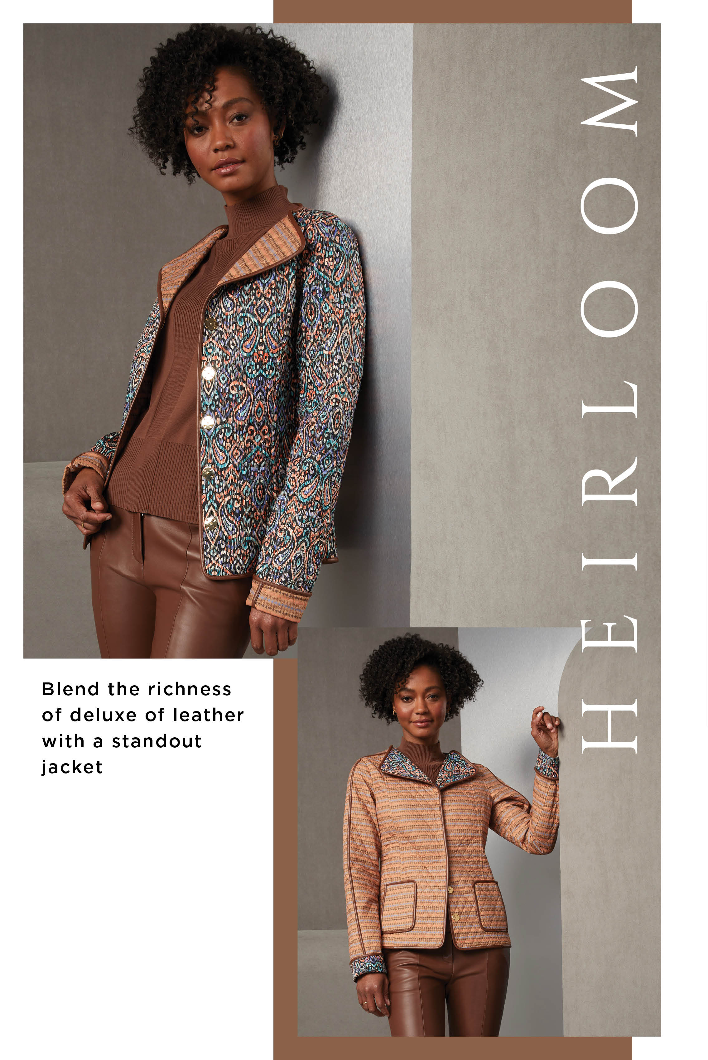 Step into autumn with a memorable outfit that blends the richness of deluxe caramel leather and the comfort of organic Suvin cotton. The centerpiece is a reversible pongee barn jacket, featuring mosaic paisley and houndstooth prints.