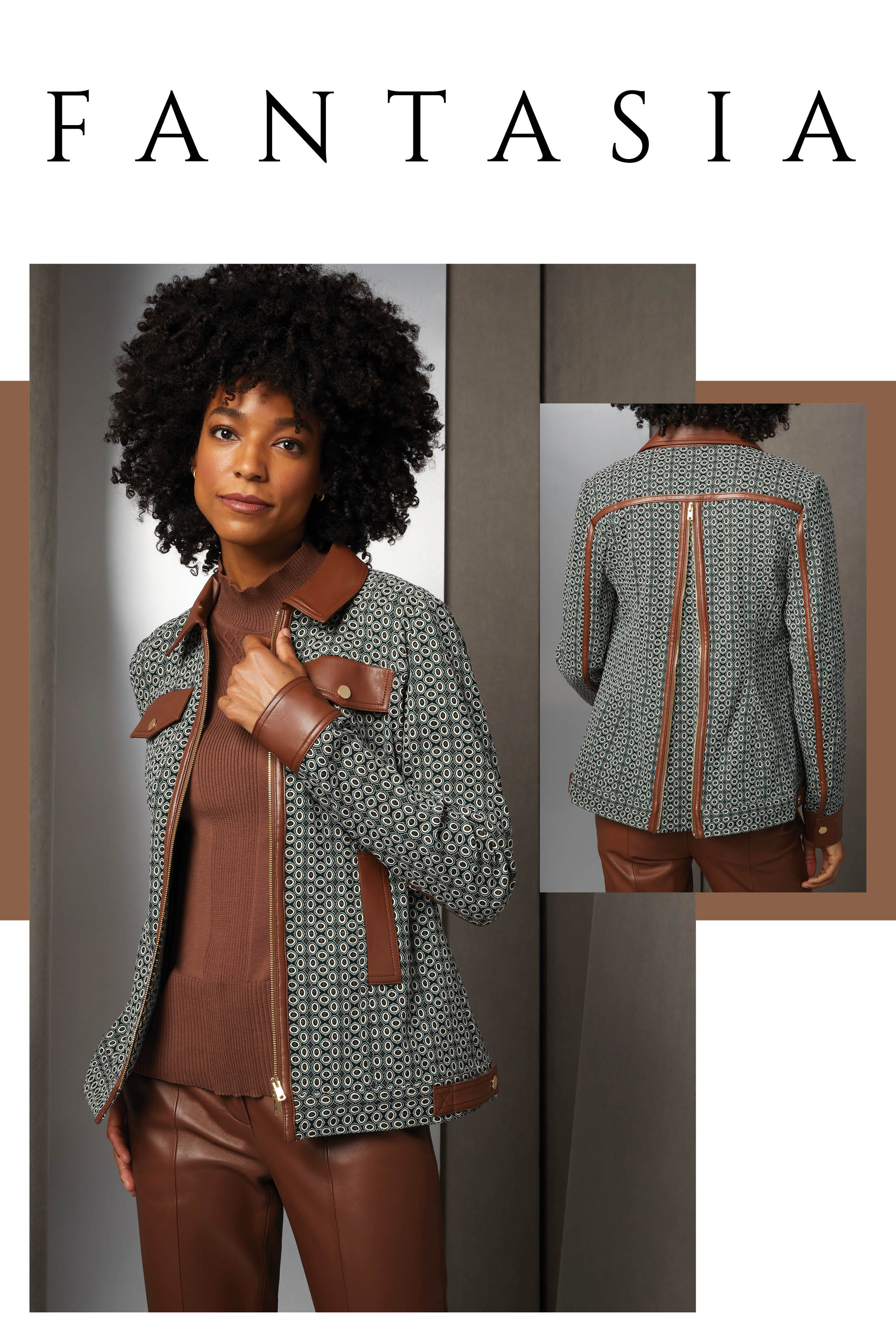 Make a trendy impression this fall with an outfit that combines deep caramel European lamb pants and a matching mock turtleneck in premium Suvin cotton, textured with crisscross traveling ribs. Adding extra allure is an Italian jacquard jacket...