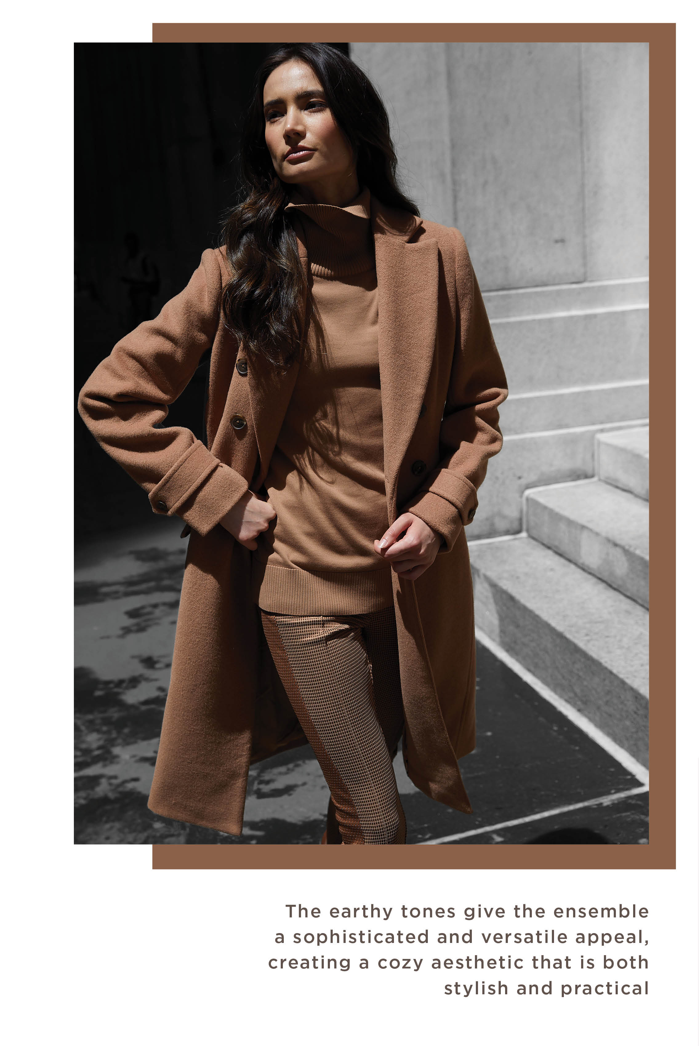 The neutral camel color featured in a wool coat, a rare, ultrasoft Suvin cotton turtleneck, and unique Italian jacquard jeans create an aura of warm elegance. 