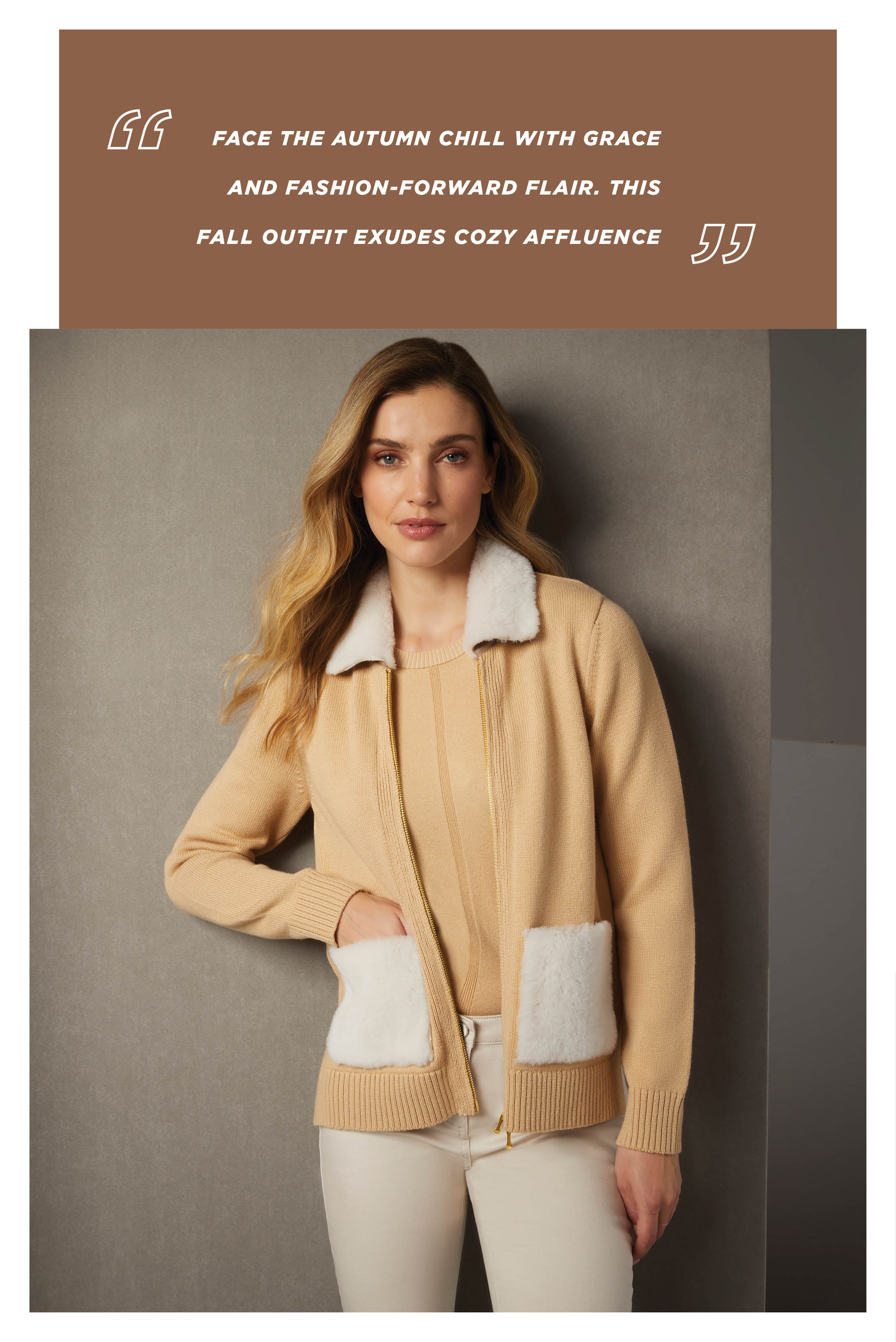 This fall outfit exudes cozy affluence with its merino wool cardigan and ribbed knit shell, elevated with pockets and a collar in ivory lamb fur shearling. The soft texture and warm tones create a perfect blend of comfort and style...