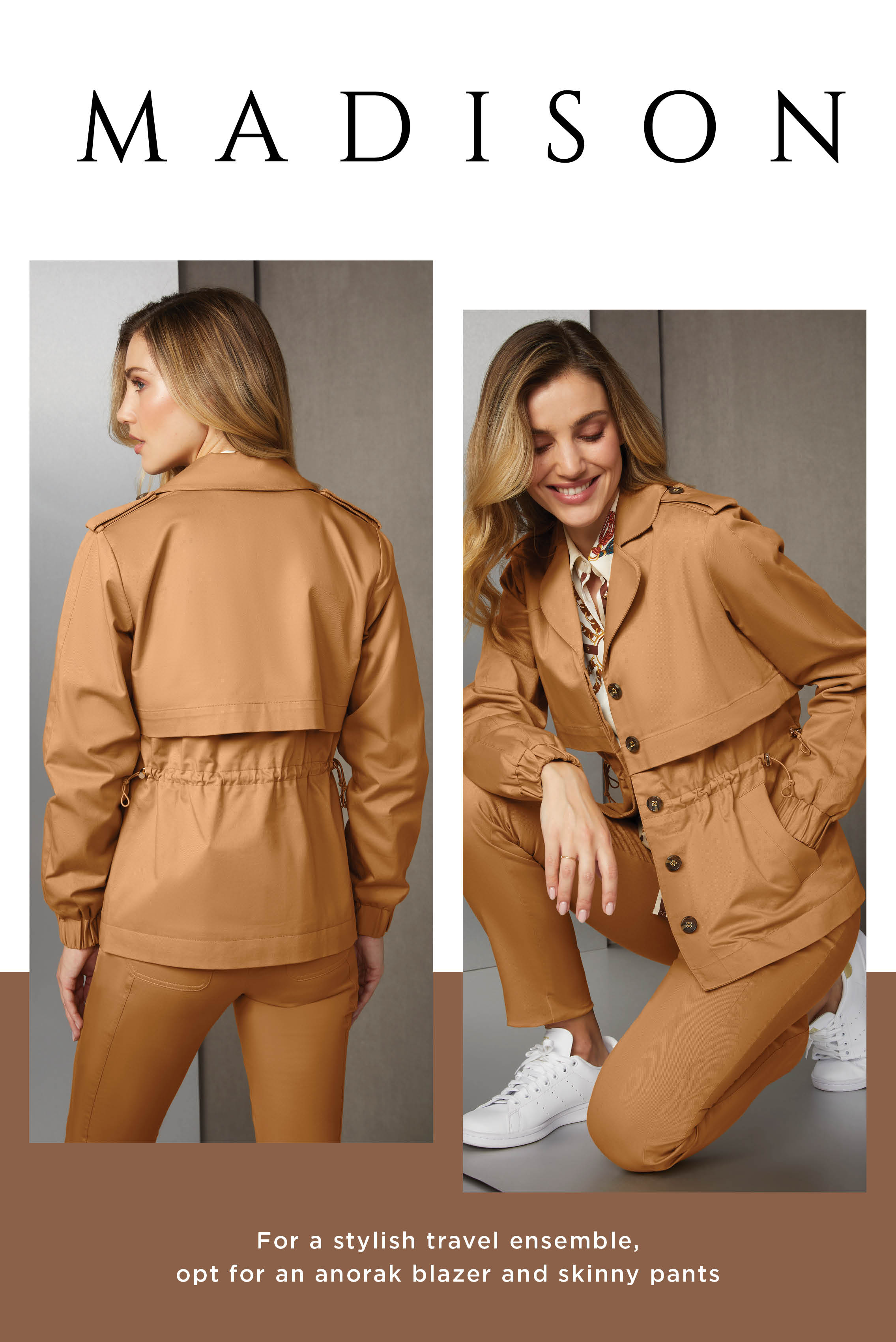 For a stylish travel ensemble, opt for an anorak blazer and skinny pants. Crafted in warm camel Japanese twill, the look ensures comfort and warmth for your journey. Accent them with a print tapioca satin equestrian blouse...
