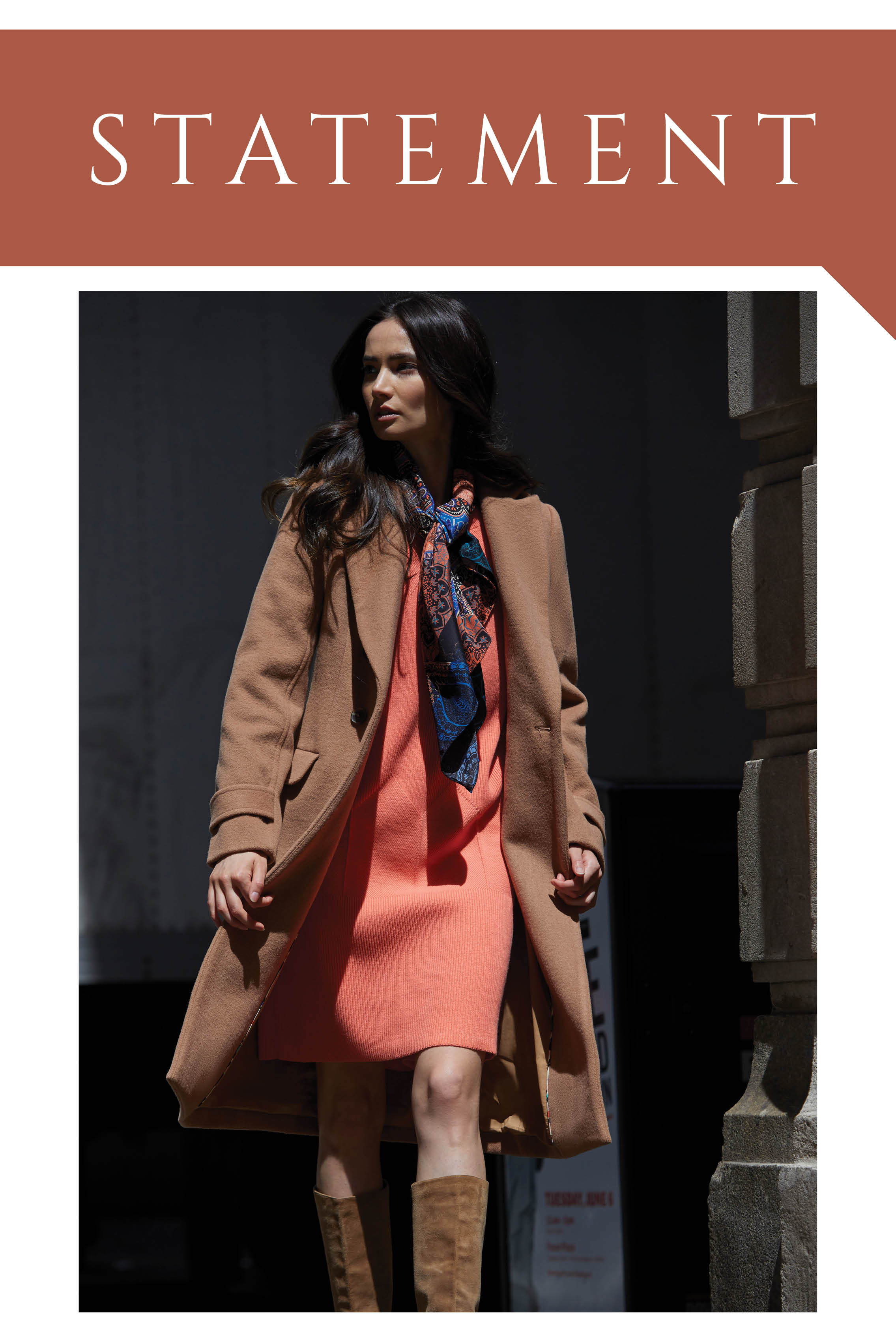 The well-tailored camel coat is a fall standard for feminine business fashion. It transcends the norm in the context of a Moroccan paisley scarf and an Ottoman-ribbed knit shift dress in bold apricot. 