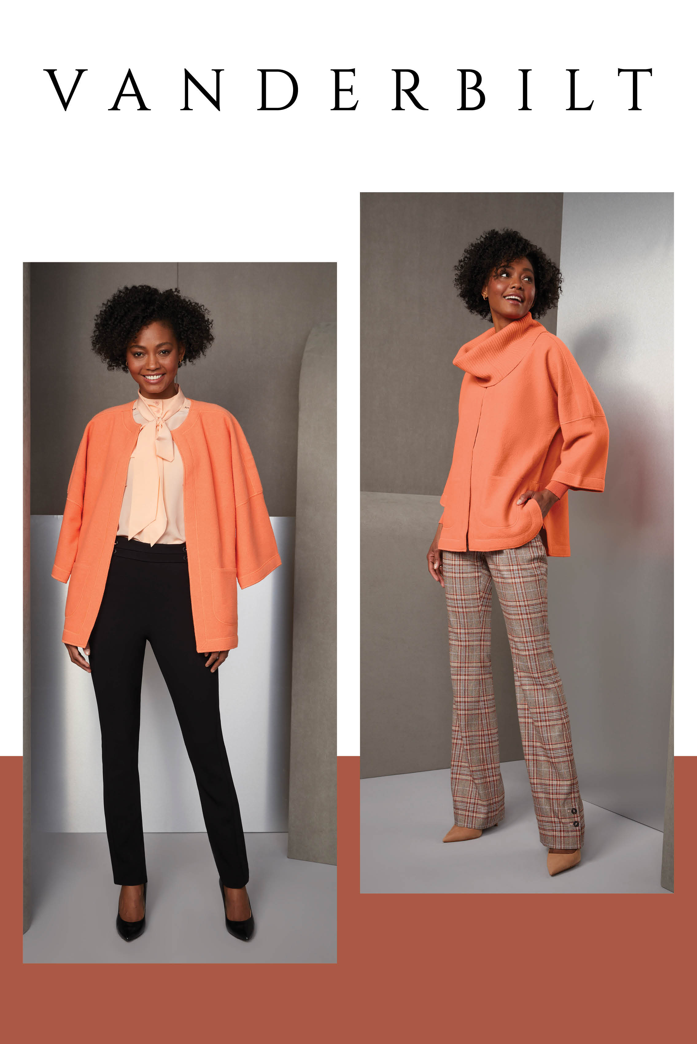 Indulge in rich fall colors. The boiled merino swing jacket is a rich bold apricot. That color is also found in the Italian plaid pants, along with bright peach and chocolate torte. 