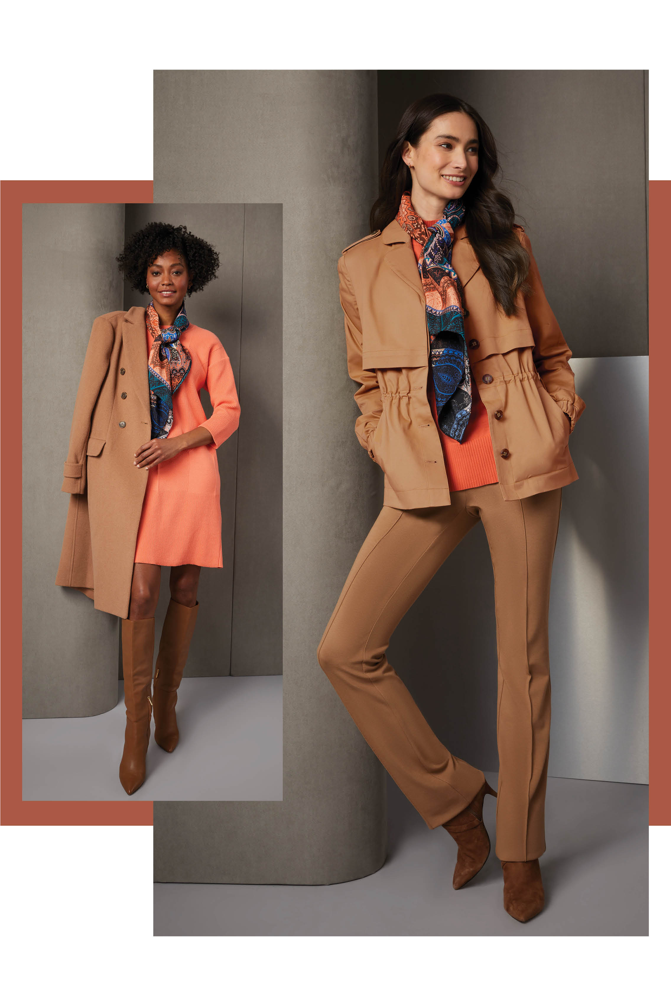 Experience the epitome of comfort with an easy fitting, cashmere-softened cotton knit dress, energized with an Ottoman rib texture. Its rich apricot color is echoed by the romantic scarf in a Moroccan paisley print of ten rich colors.