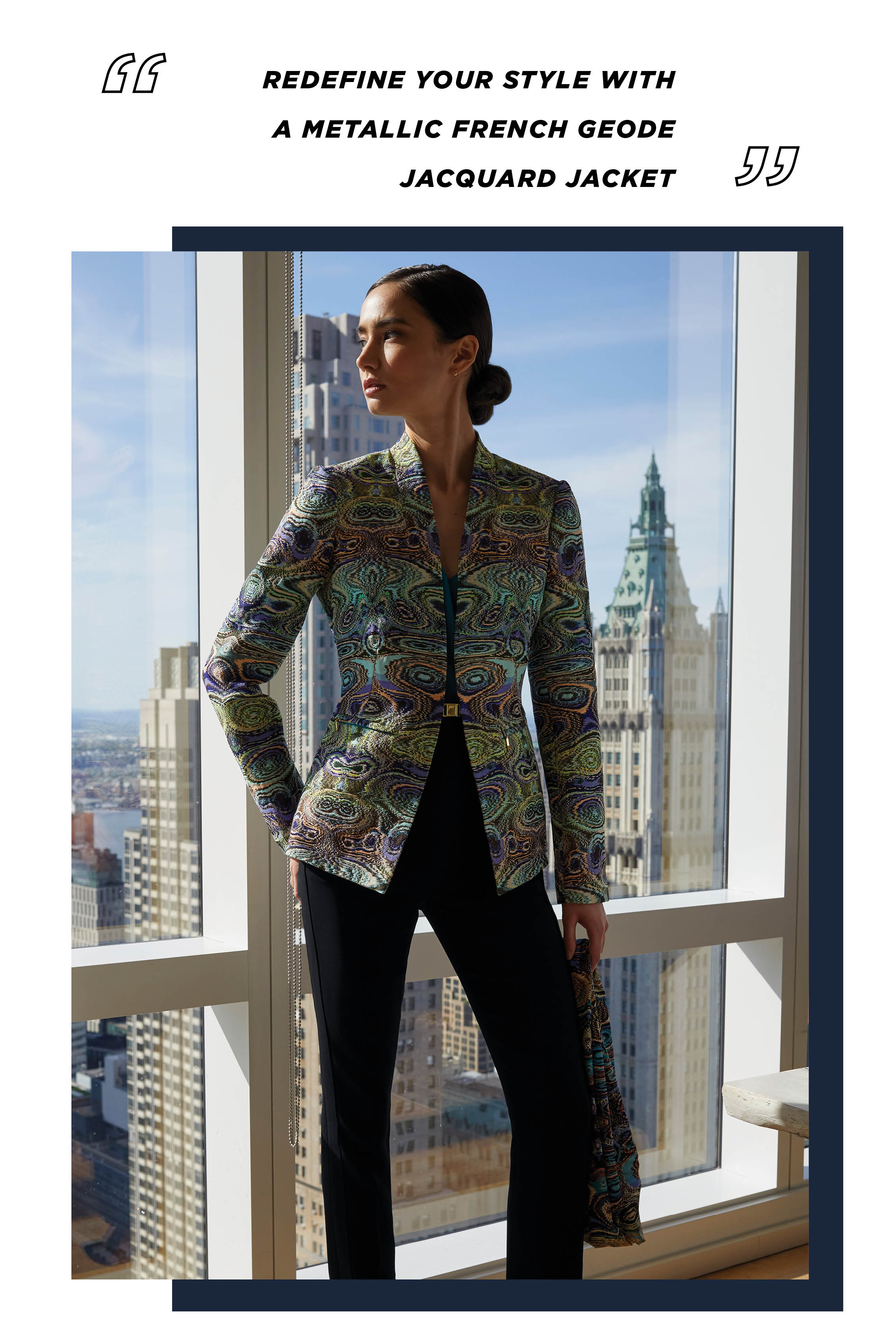 This French metallic jacquard jacket captures the romance of a precious geode in a symmetrical display of eight saturated shades. One of the colors is azulite, a rare gemstone, which is also found in this sweater shell of pure cashmere.