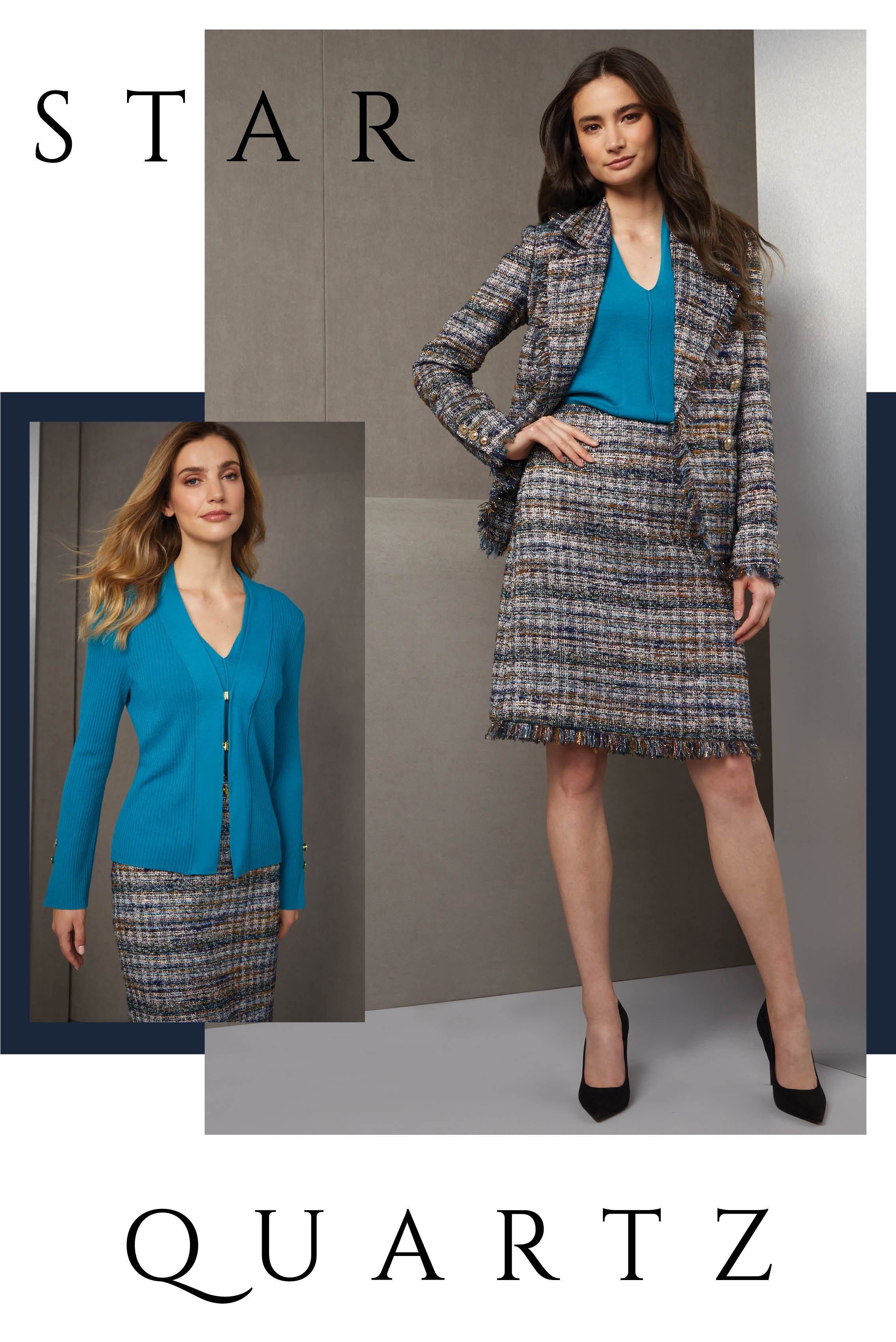 This is a year for signature blues, including this rare shade of azulite, a gemstone that translates well to this amazing cashmere twinset, textured with flat back ribs. The fringed plaid skirt in Italian tweed contains the same radiant blue. 