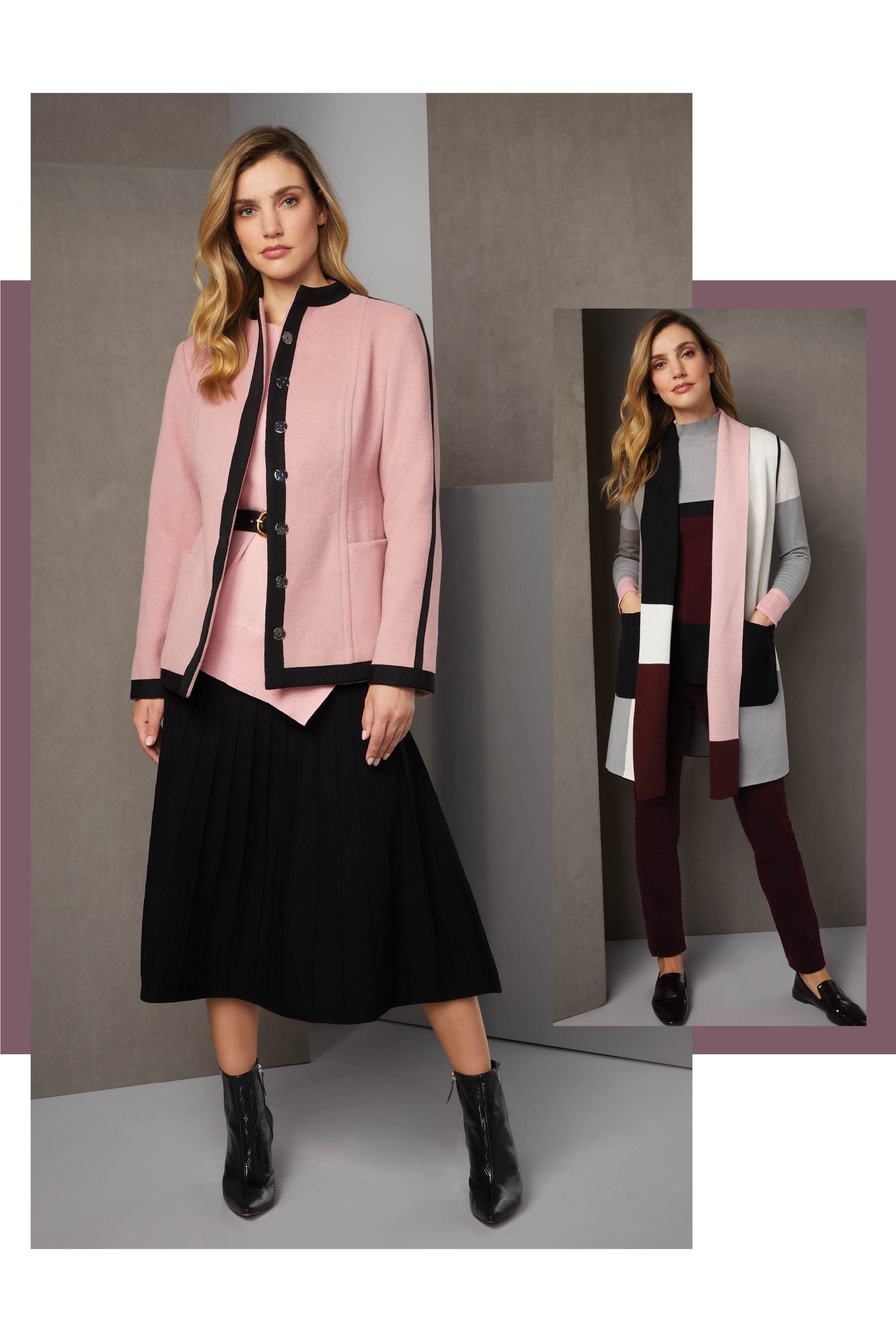 Pink and black are fabulously retro. The pink wool-blend jacket has black ribbon trim that resonates with the black Italian leather belt and the expanding pleats of the knit skirt. 