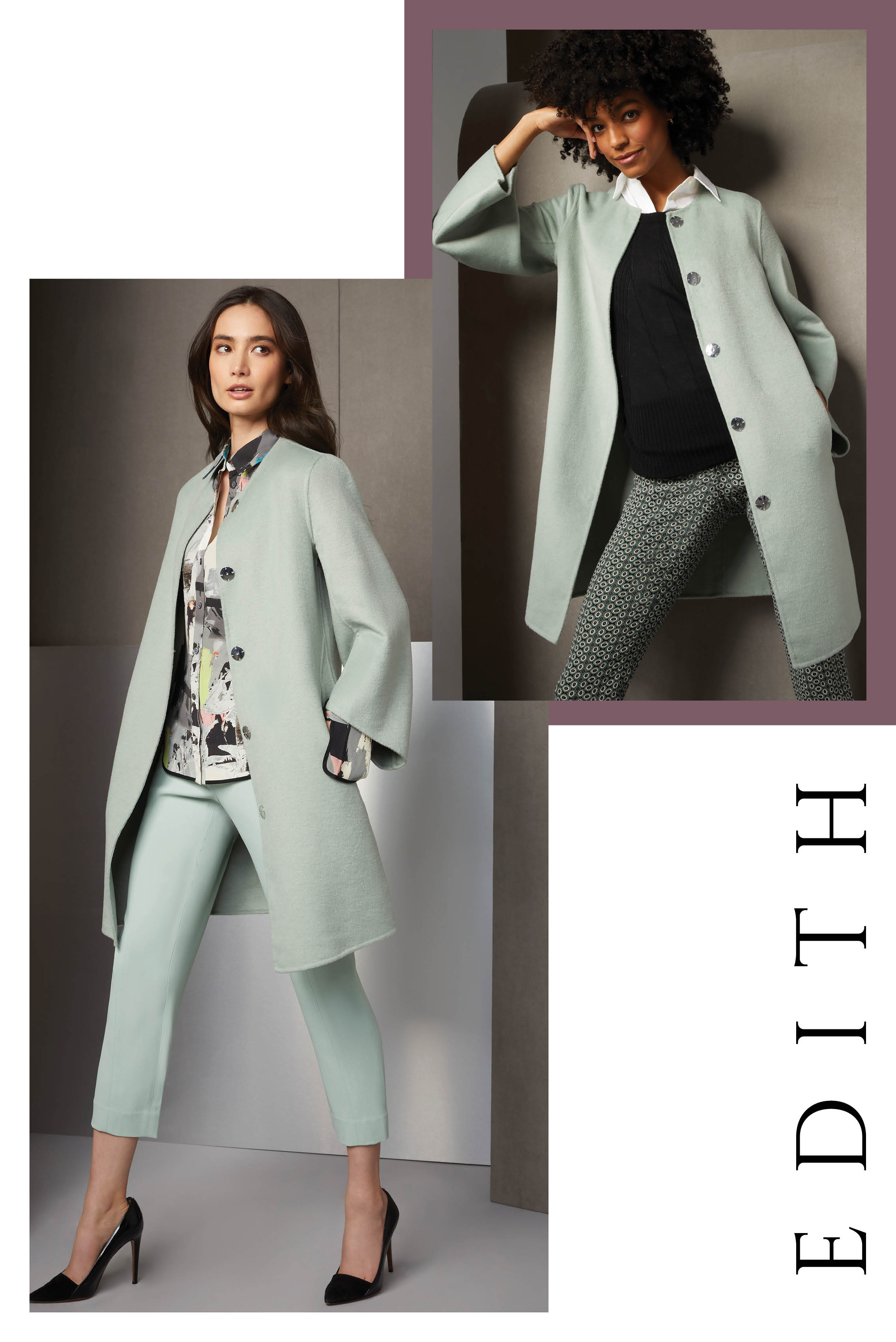This stretch-silk, art-print blouse with black silk binding coordinates perfectly with the hand-sewn, Italian double-faced wool coat, and Portuguese stretch double-weave cropped pants, both in laurel green. 