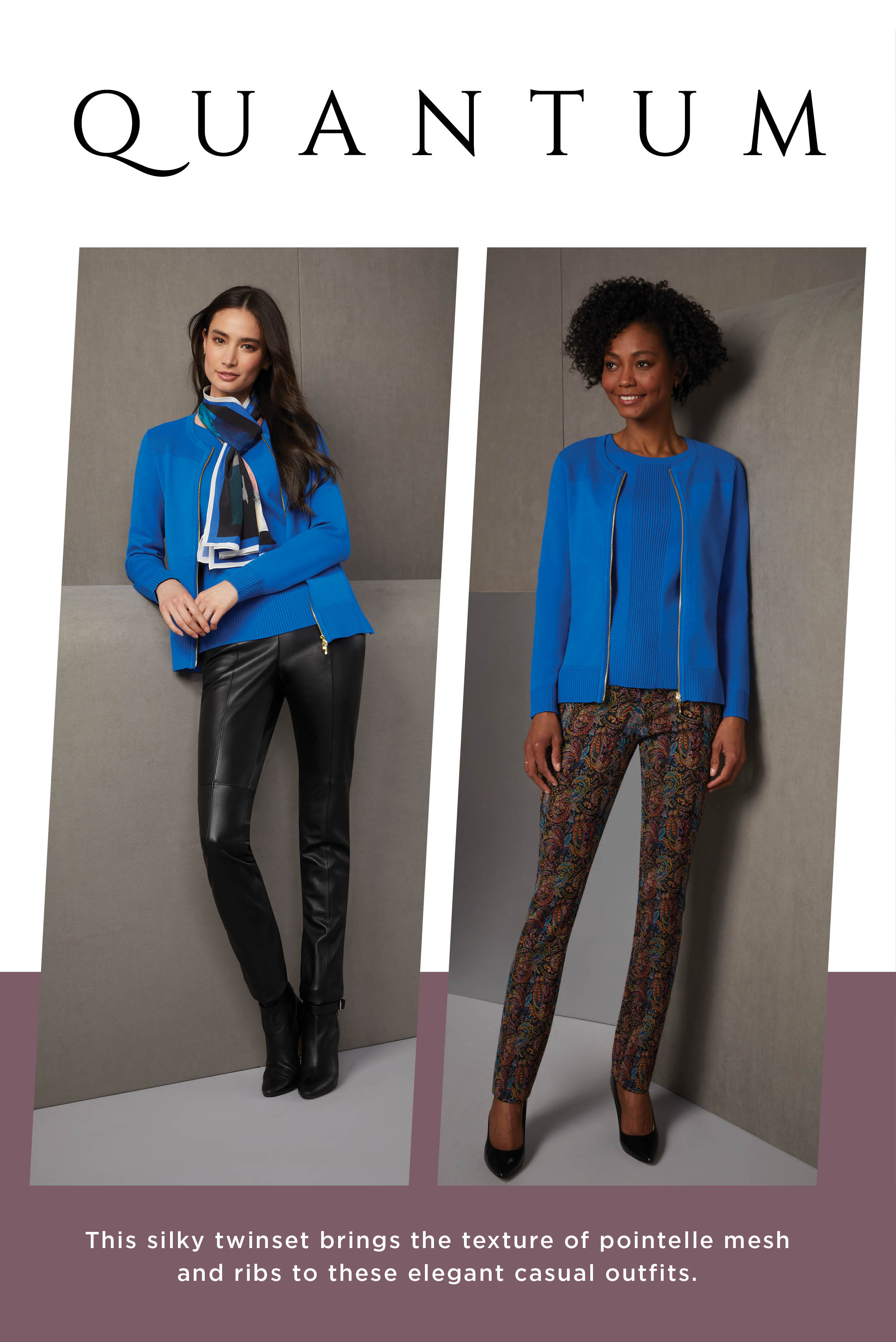 This silky twinset in electric blue brings the texture of pointelle mesh and ribs to this elegant casual outfit. The pants offer a refreshing contrast to the knit with their polished black European leather. 