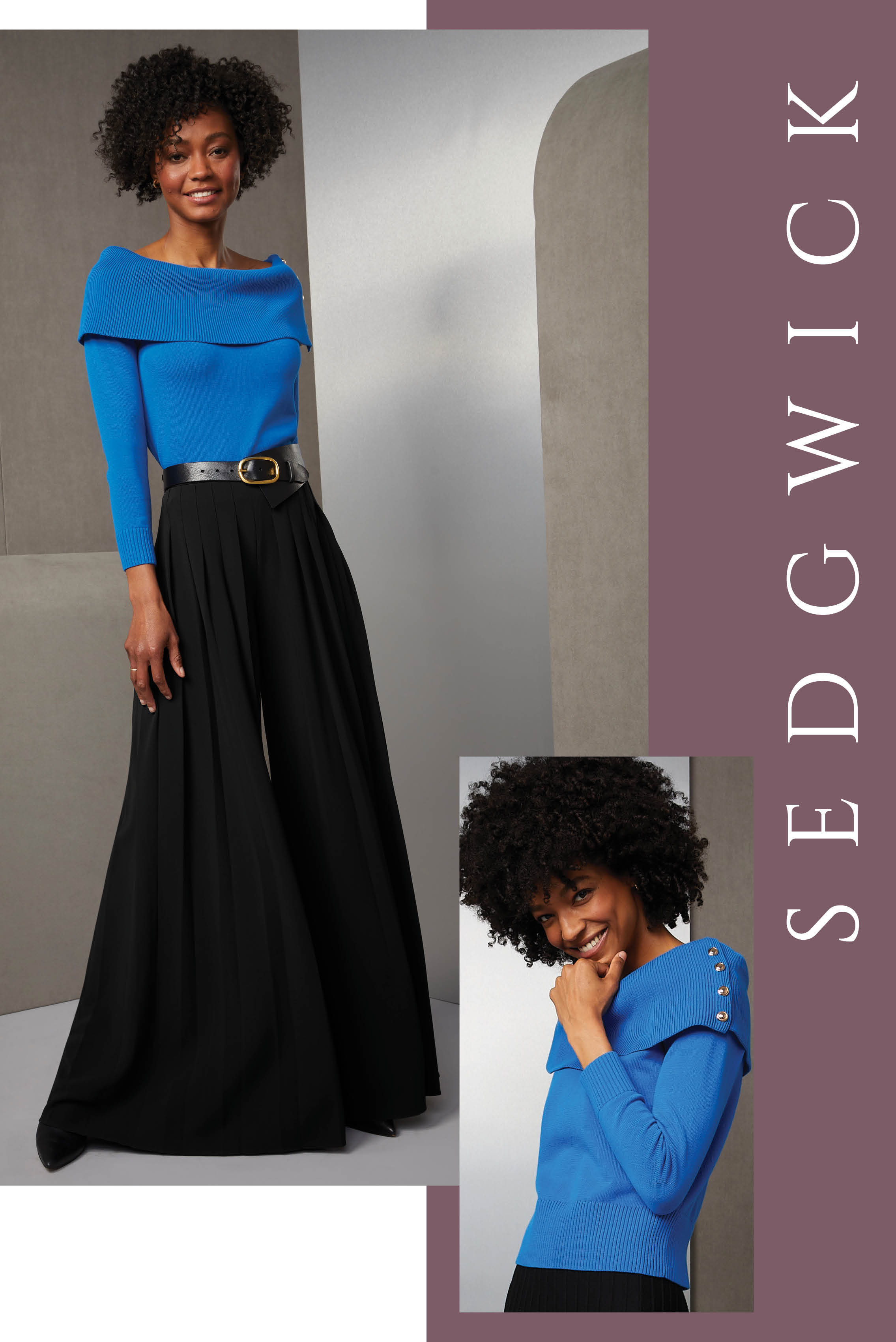 Indulge in the trend for dramatic upscaling. This electric blue cotton sweater can be styled with the oversized cowl neck pulled down to the shoulders or on top as a loose funnel.
