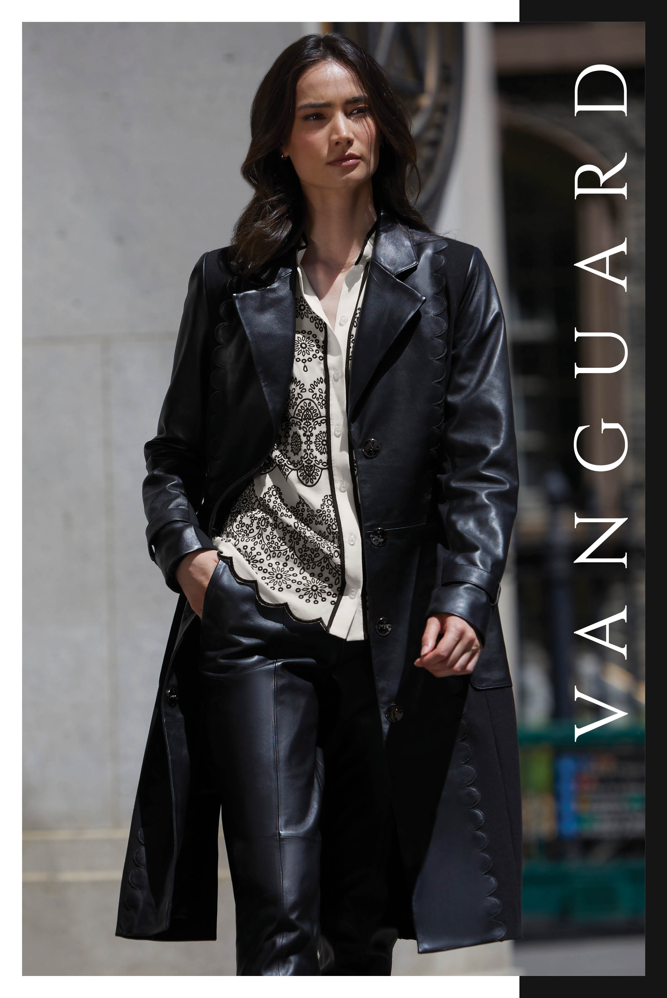 Express your upmarket savvy in an outfit decorated with feminine scalloping. The black leather and ponte knit jacket brims with the rhythmic appeal of front and back scallops.