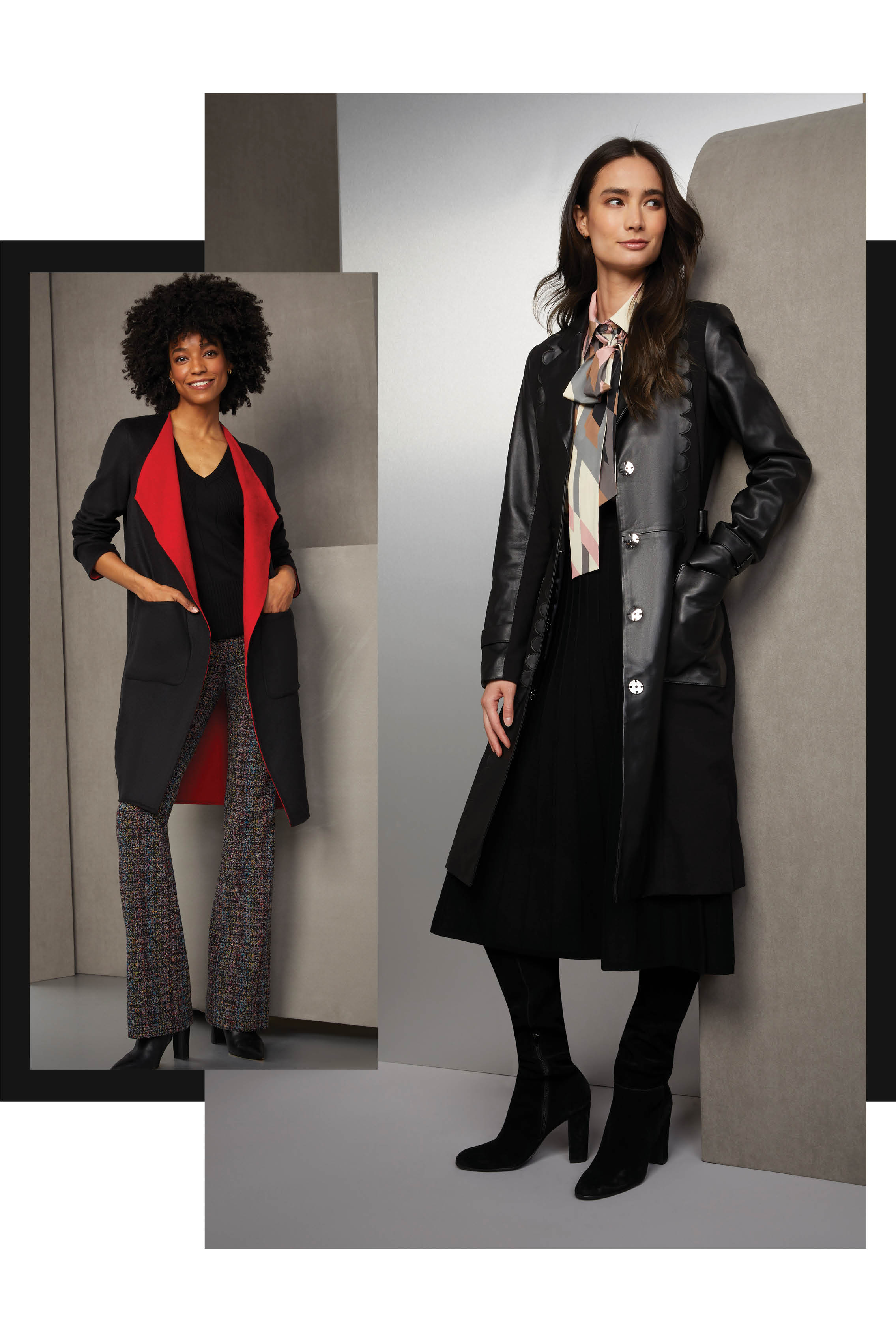 Harness color with chic details. The black Italian double-faced, wool-blend coat is accented with jester red, which pulls out the cabernet red and black of the radiant, eight-color Italian tweed pants.