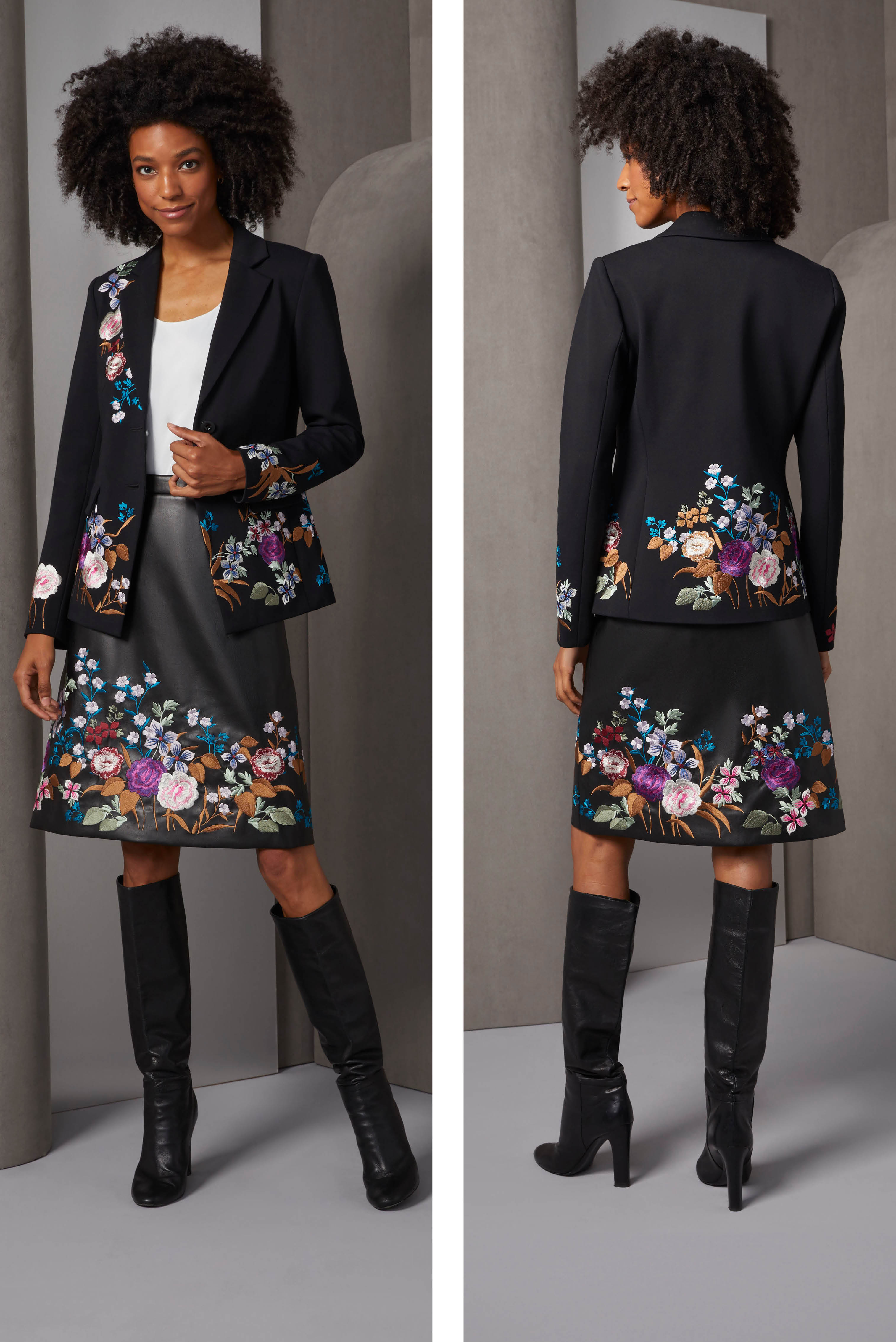 This black suit, comprising a stretch ponte knit blazer and supple, faux leather skirt dominates any special occasion with a whole conservatory of rare embroidered flowers in eight rich colors.