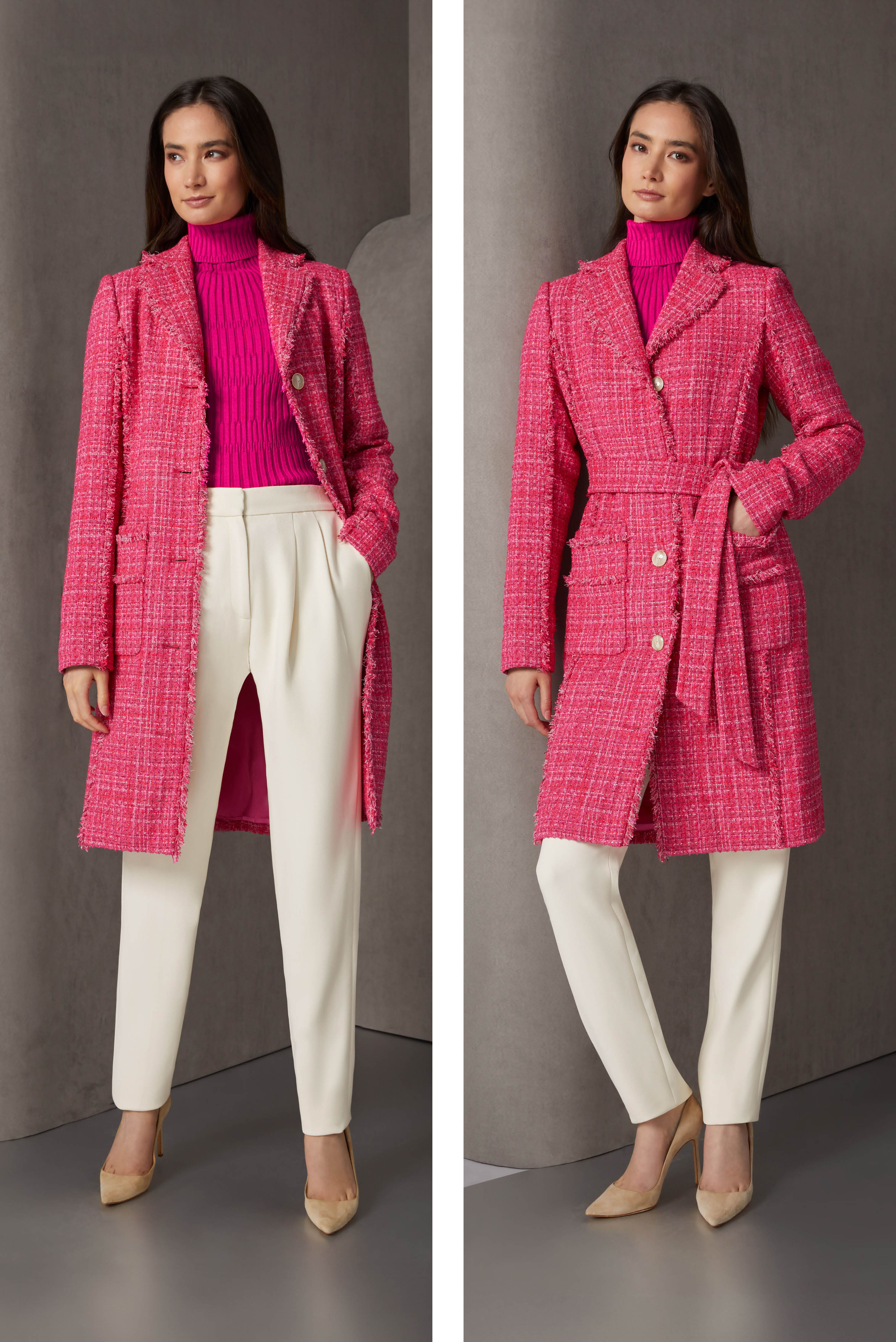 This belted Italian bouclé tweed coat with allover self-fringe trim is woven in five colors, three of which are pink. The silky matching pink turtleneck is knit in a radiating piano key rib for opulent contrast texture.