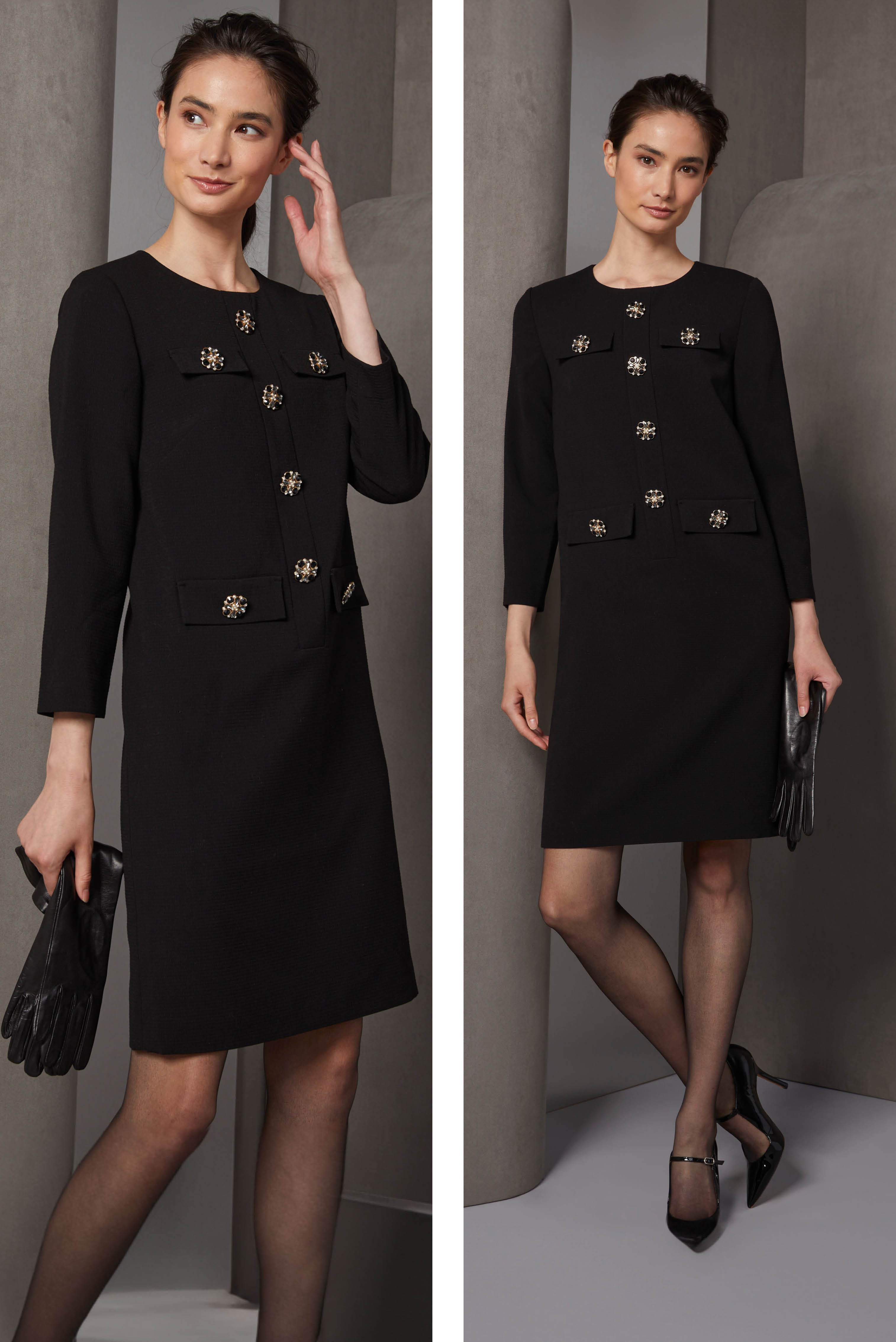 Supremely elegant styling graces this Italian black jacquard sheath, textured for rich surface effects under party lighting. Front row at the opera would be ideal, especially with these kid-soft black leather opera gloves.