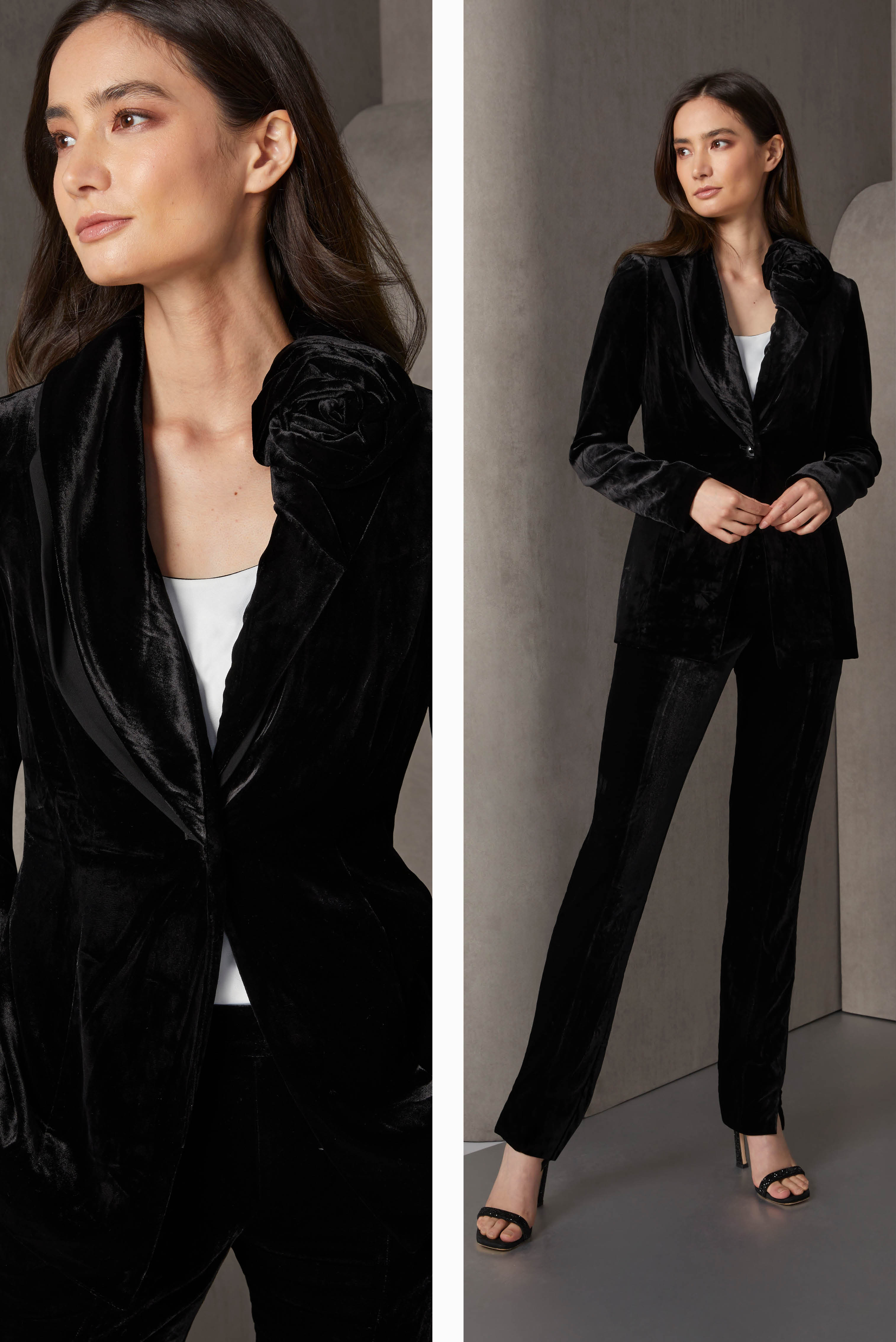 Silk-softened black stretch velvet crafts a holiday suit worth celebrating. The blazer has a self rose sculpted into the left shawl collar. The lapel design is underscored with an under-collar of stretch crêpe.