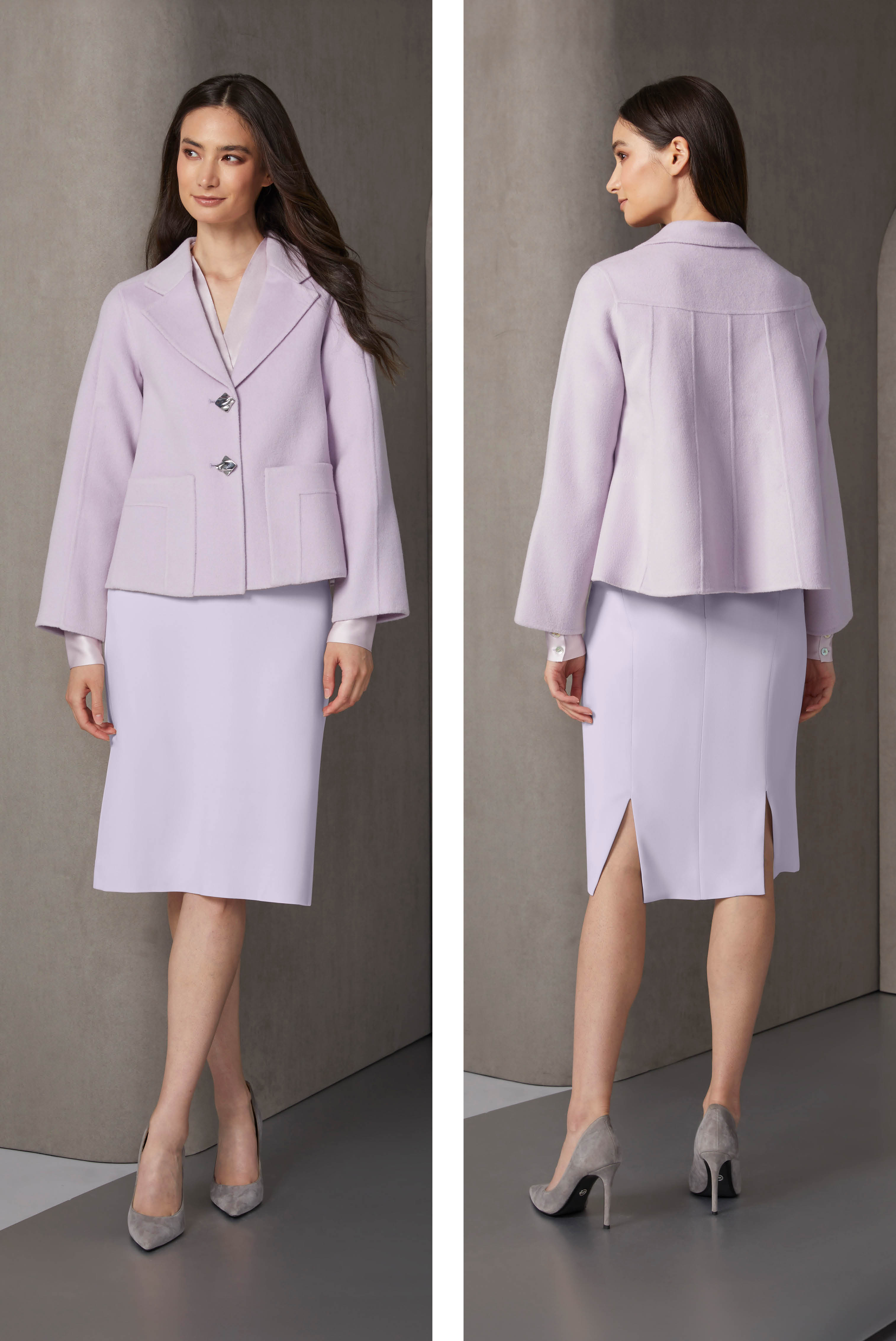 Shiny, matte, and plush textures enrich this look in a unique winter shade of lavender fog. The wooly swing jacket has front frames and multiple back seams that coordinate with the panels and double back slits of the pencil skirt.