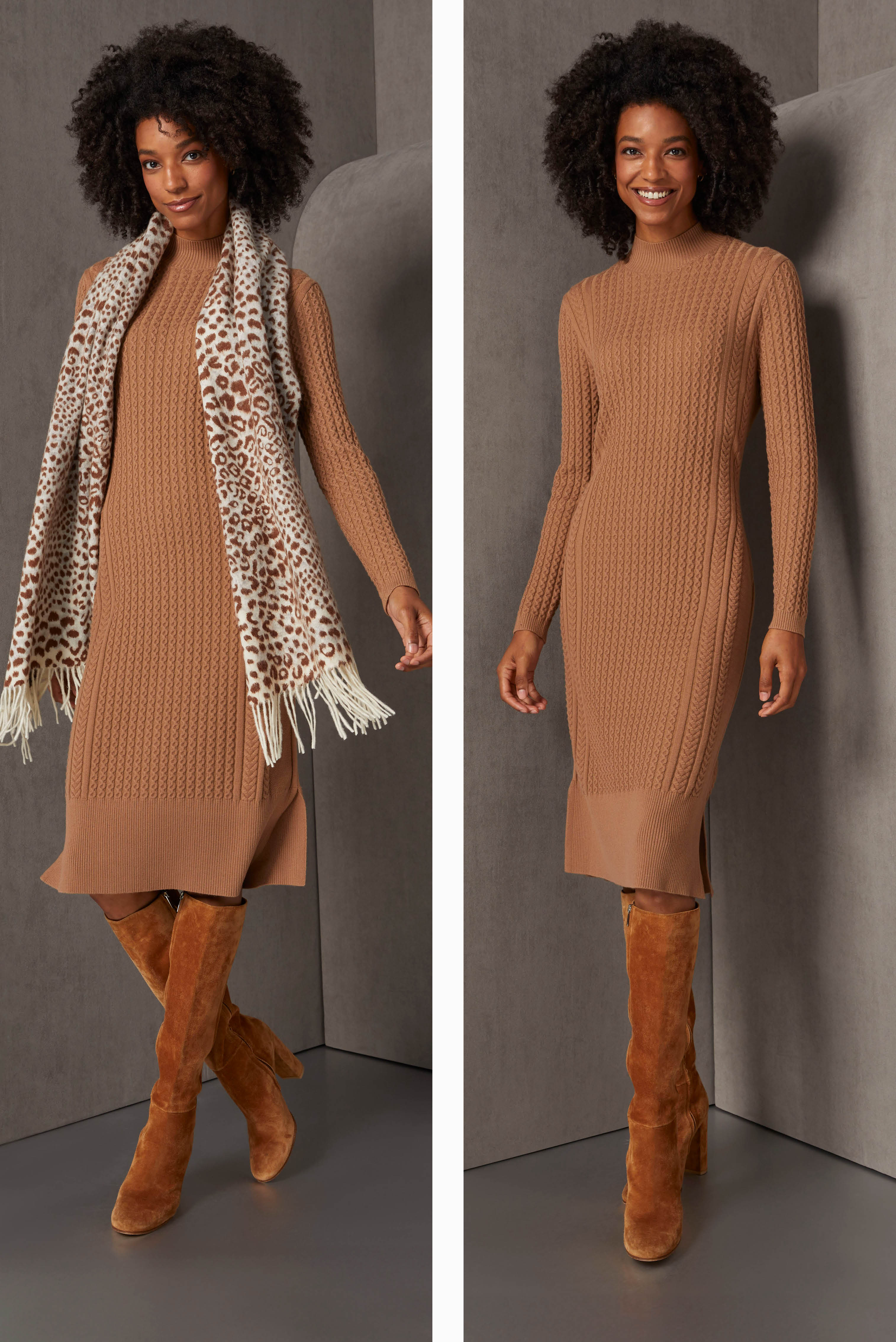 This dress offers fluid, silk-softened cotton comfort in rich contrasting stitches that include chain cable, spine cable, reverse jersey, and seed stitch side columns.