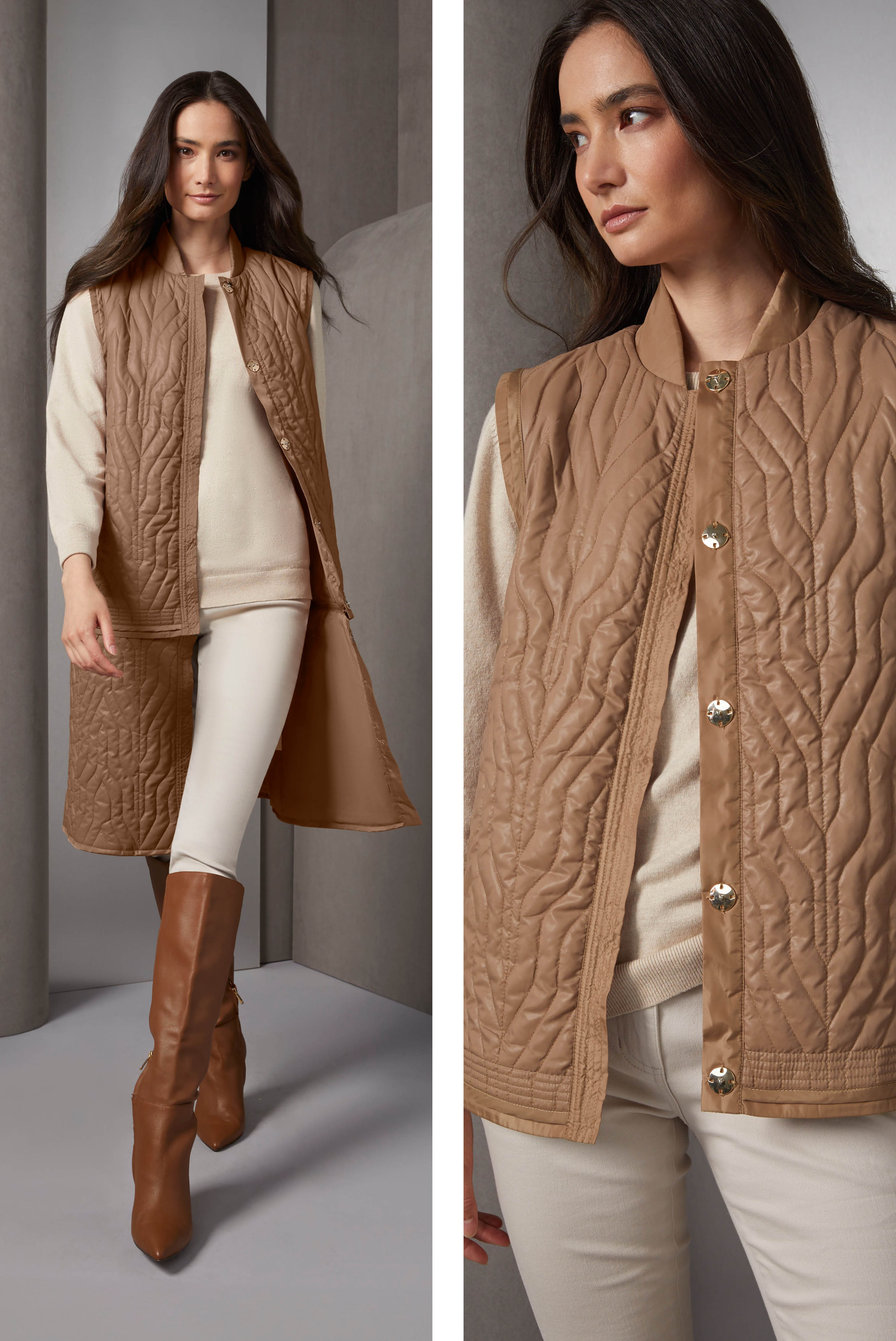 Puffers form the core of ski resort chic. This spire-quilt vest has posh gold metallic pocket welts and hidden snaps. The jacket can be lengthened with its zip-on bottom yoke or turned into a coat with its zip-on sleeves.
