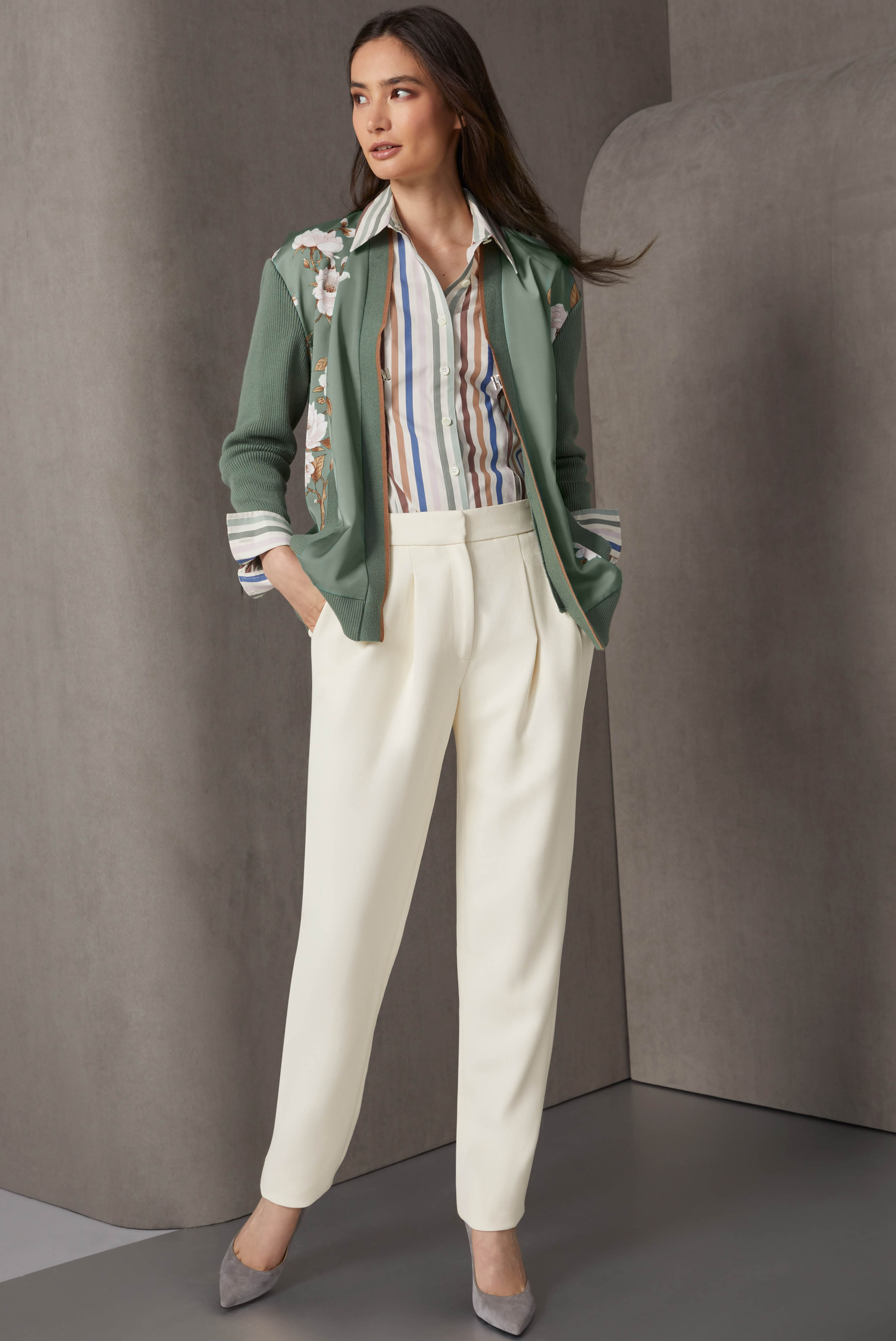 Creamy tapioca is the connector color that unites this trio of sensual delights. The cardigan has a silk twill front with a Japanese gardenia print.