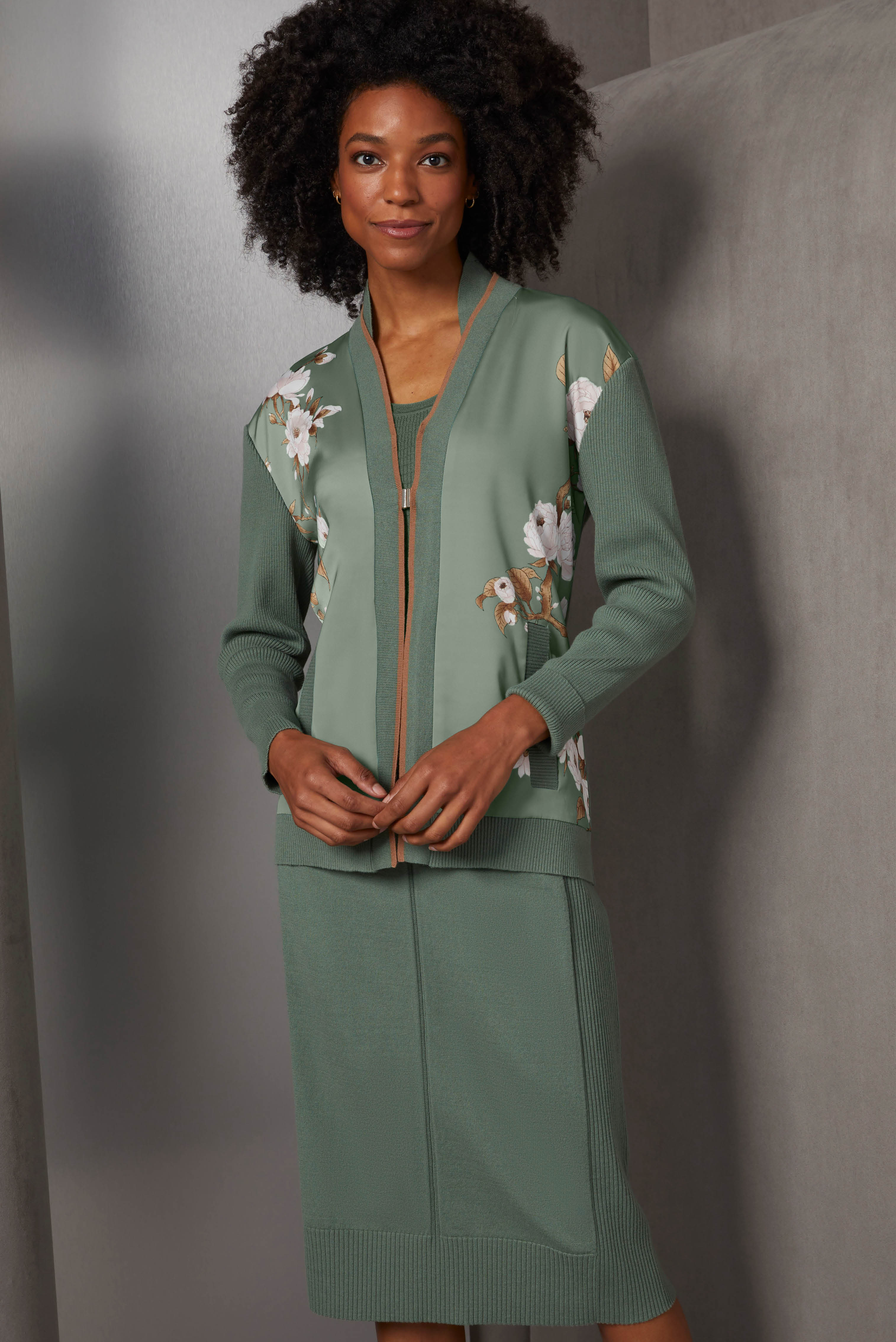 Muted laurel wreath green adds a note of sophistication to winter dressing. All three pieces feature this green, as well as the soft hand-feel of cashmere.