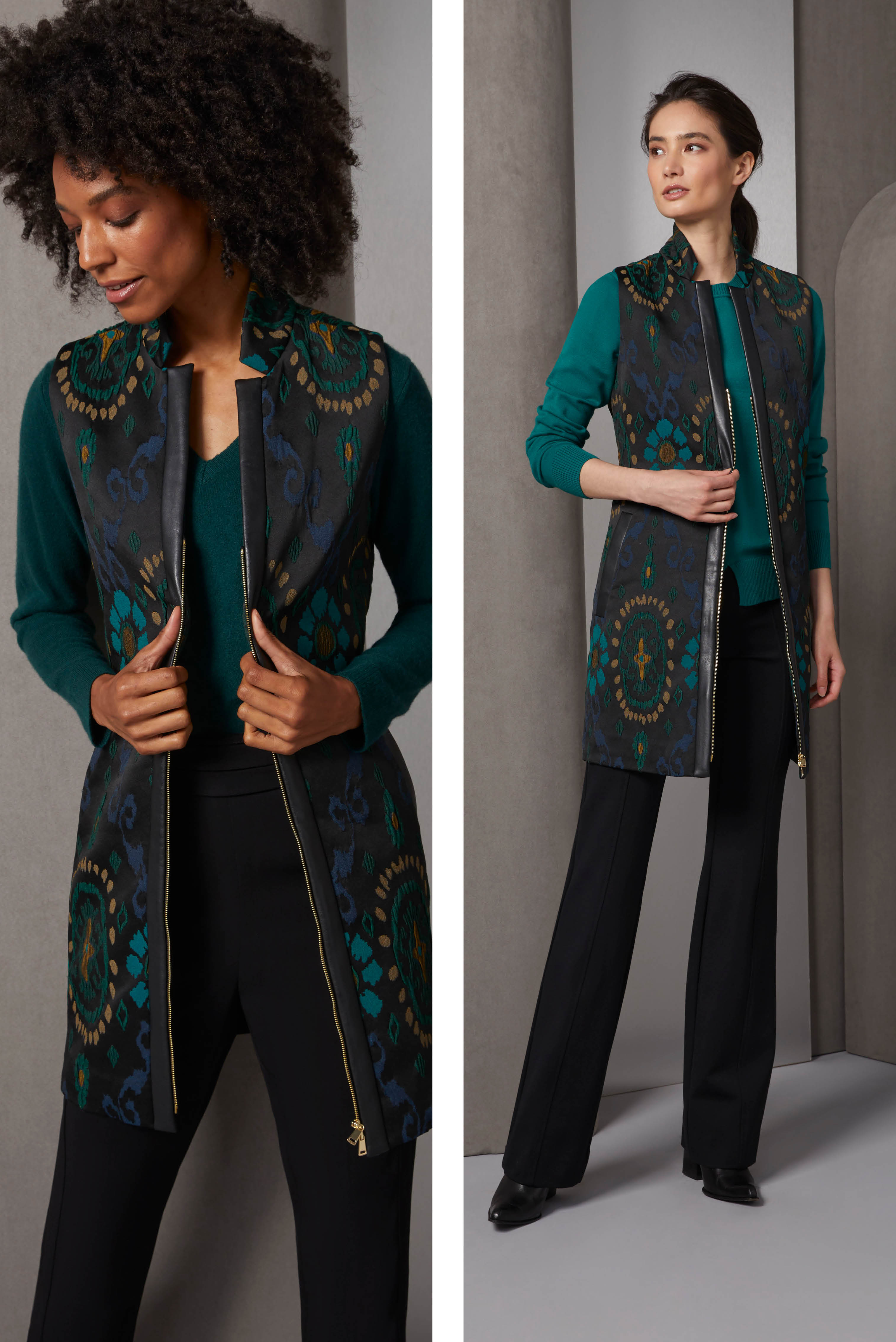 This posh Italian jacquard vest has an abstract floral pattern that resembles a priceless Turkish rug. The spruce green in the pattern is echoed by the feminine, all-cashmere V-neck sweater. 