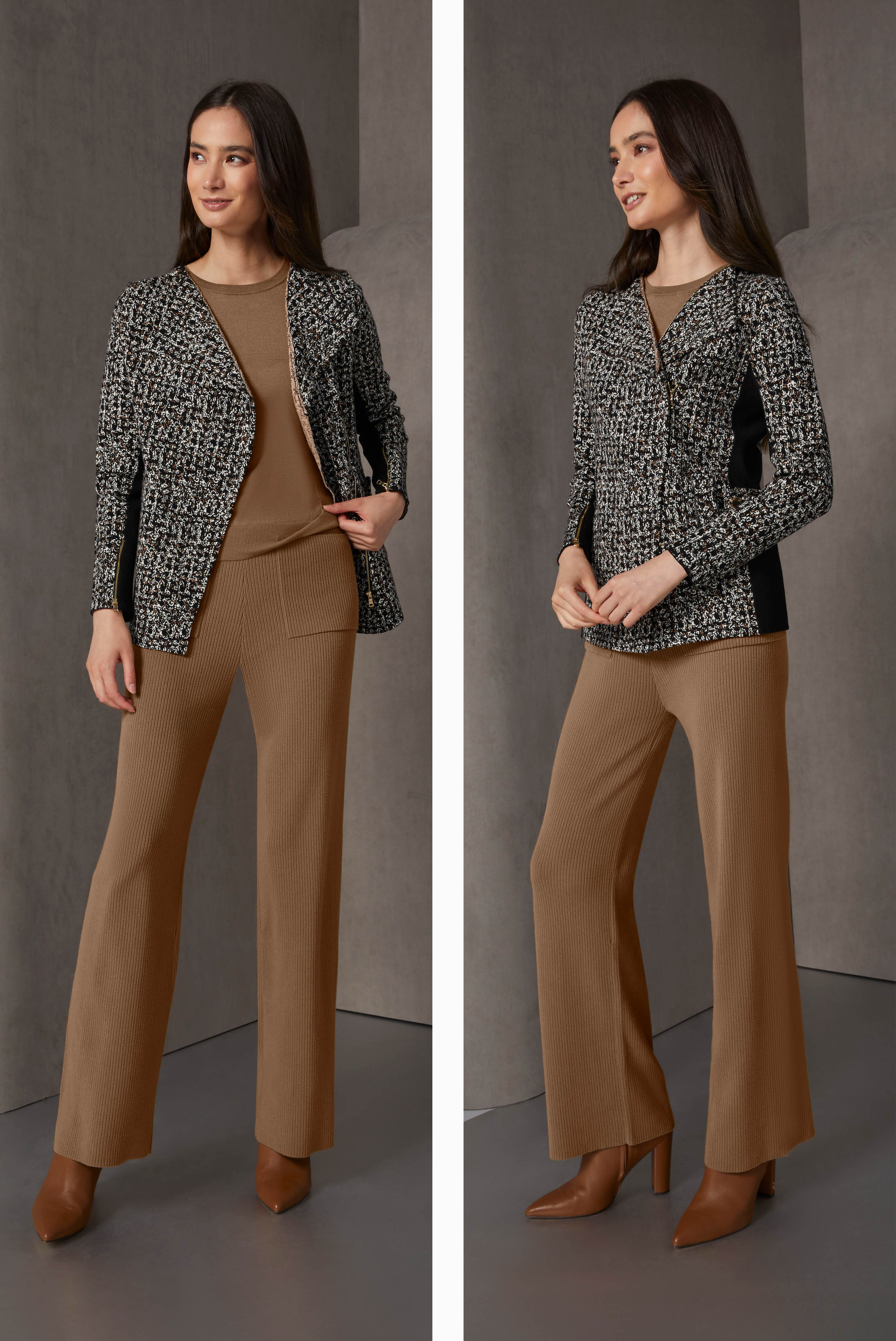 This column of warm camel embodies a triple win for luxurious comfort. The silk crew neck is cashmere enriched. The rib-knit, wide-leg pants are silk softened. 