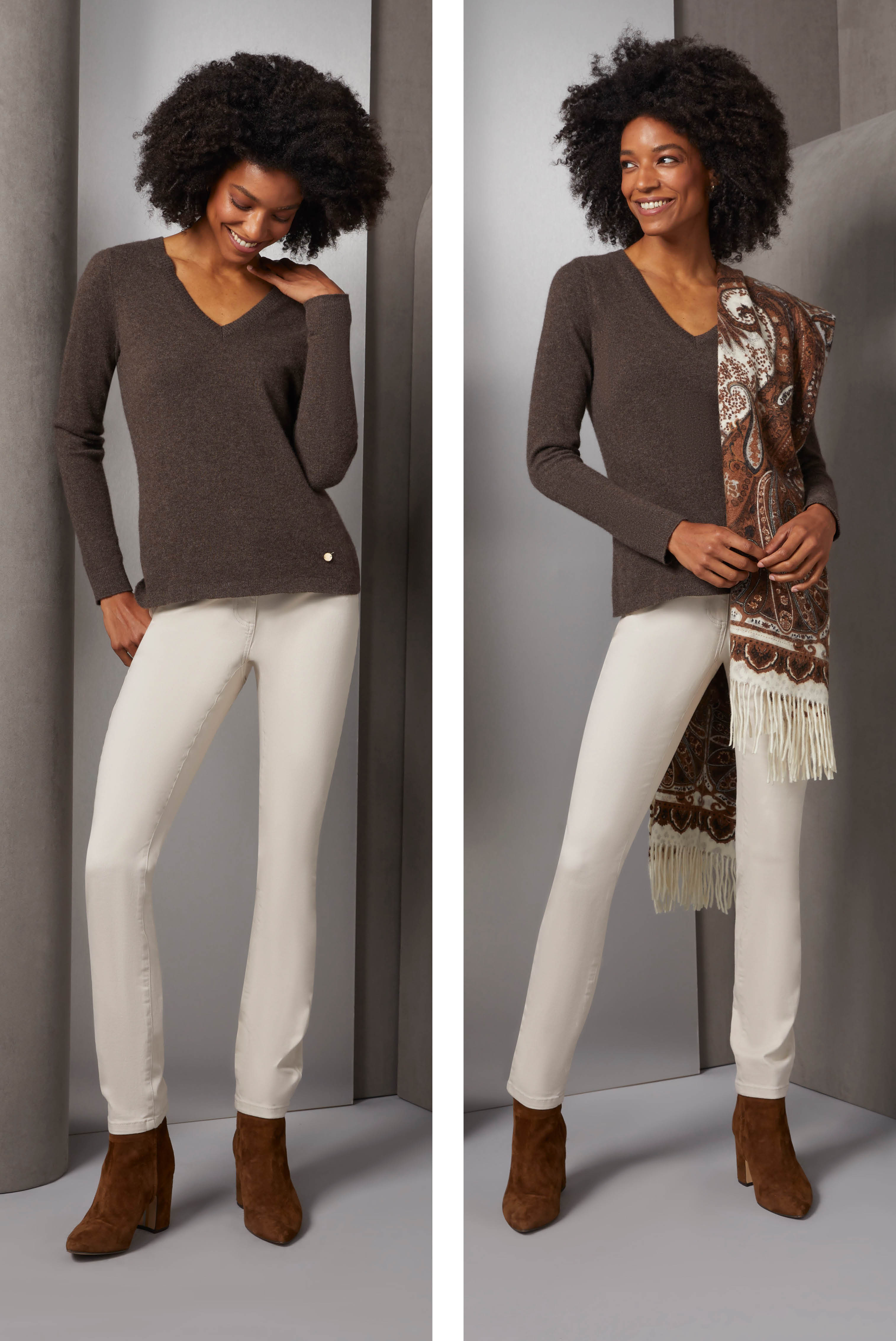 Upscale your Saturdays with a feminine V-neck cashmere sweater in a rare shade of brunette heather. This tony top relates to the warm camel and dark caramel of this Italian wool scarf in a spectacular print of oversized, overlapping paisley.