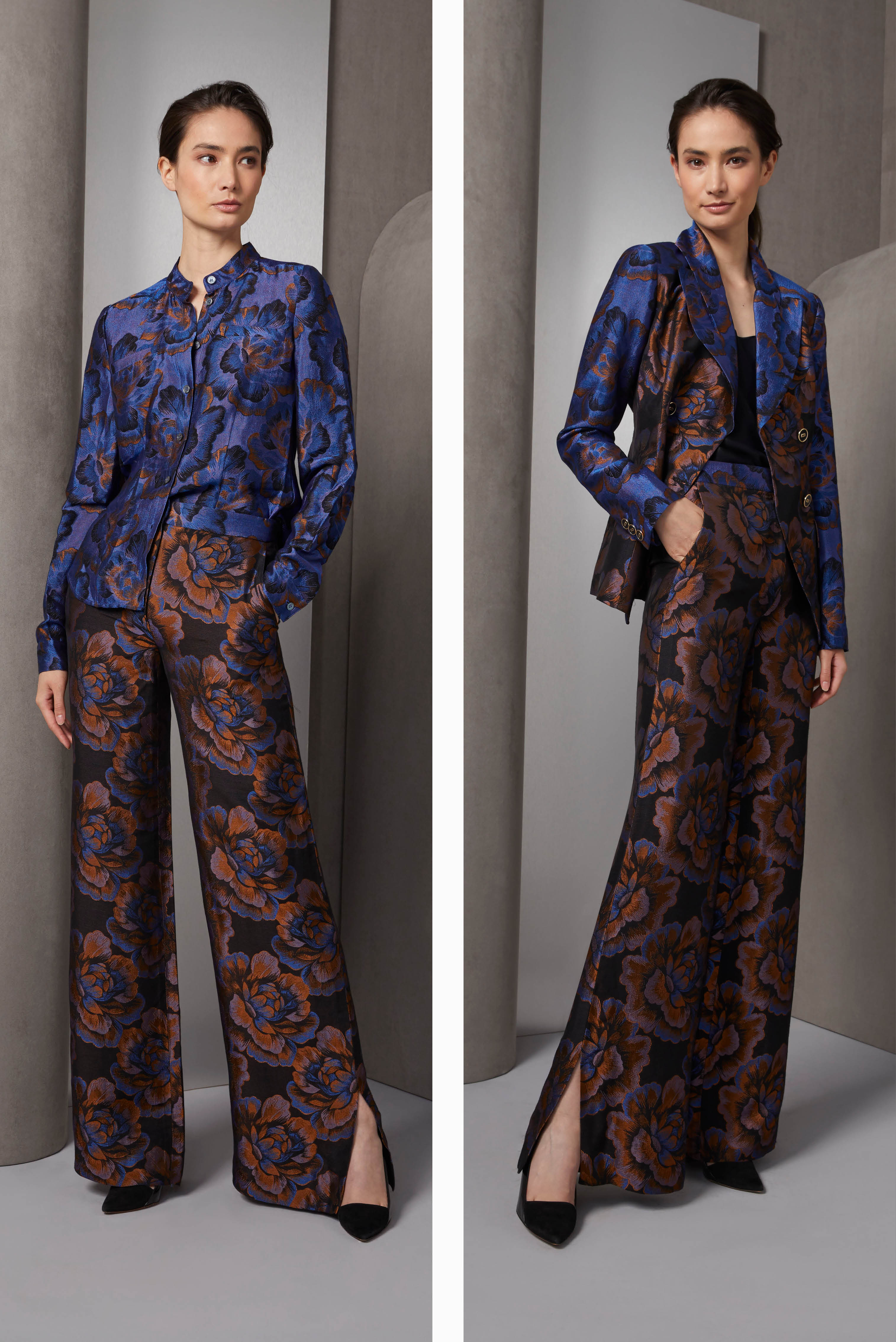 This shimmering Mandarin blouse and wide-leg trousers outfit features a two sided French jacquard in oversized camellia patterns.