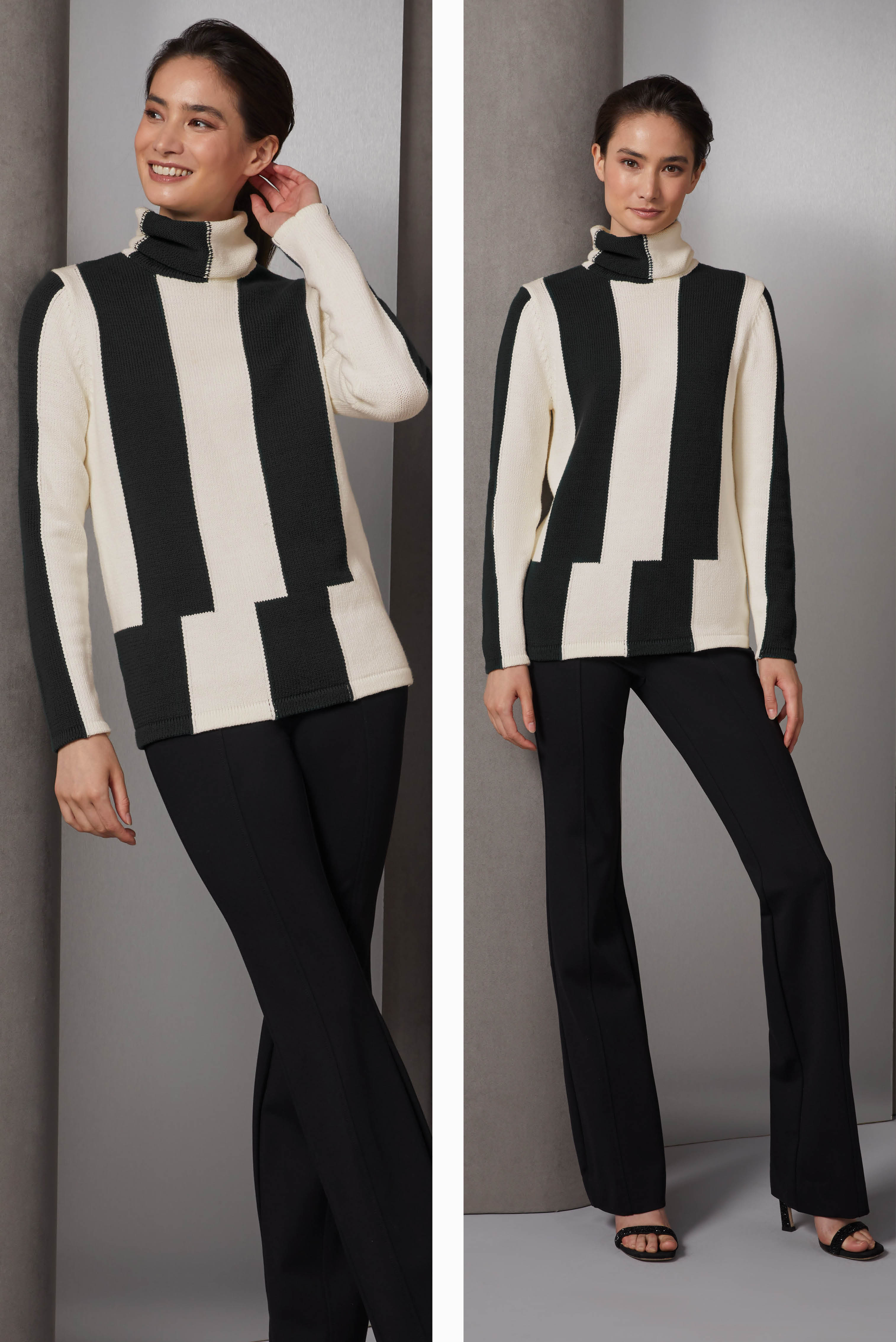 This slouchy turtleneck ensemble has downtown flair. The creamy tapioca and black organic cotton yarns in a chic staggered intarsia achieve an Op Art effect that dazzles the eye.