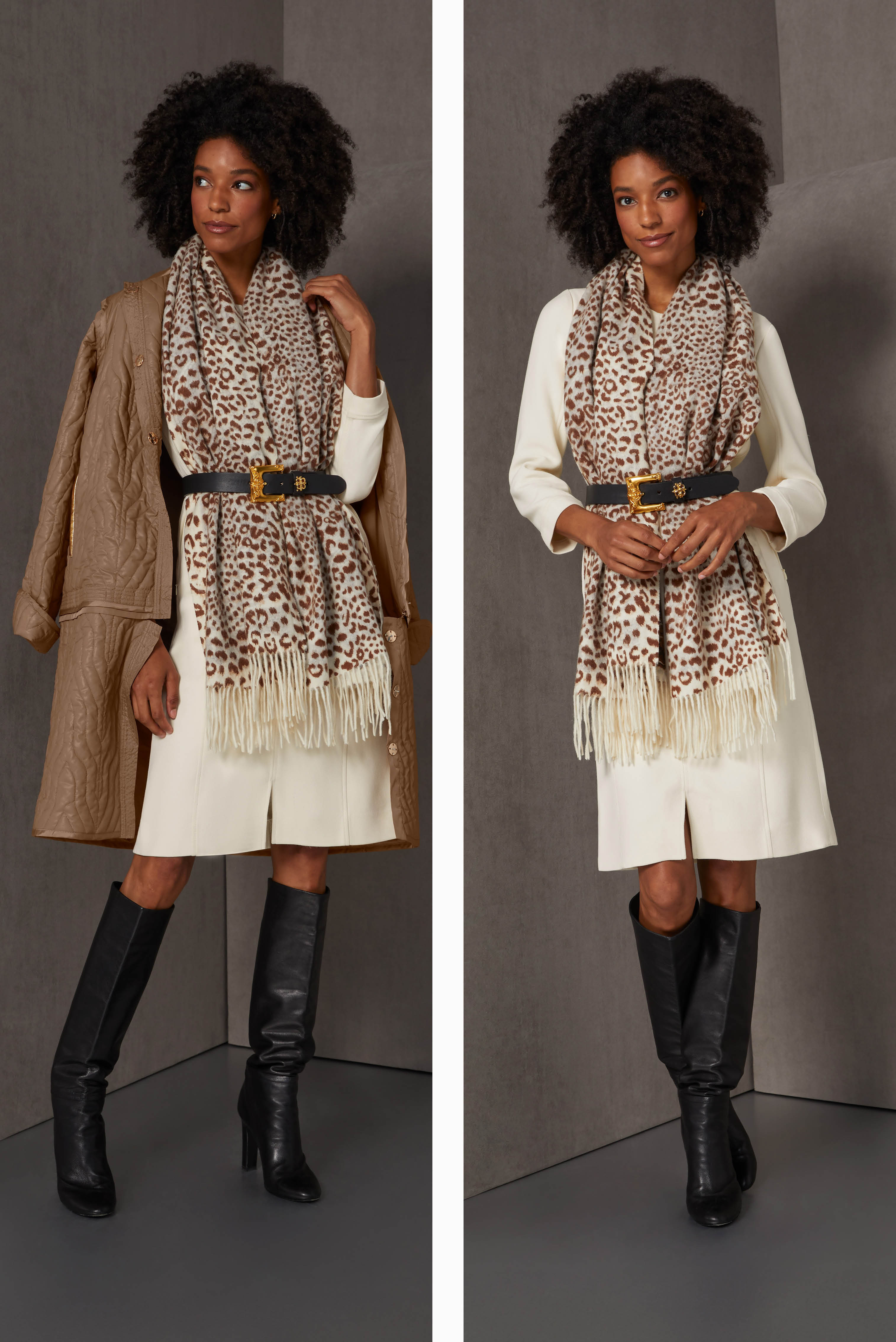 This shimmering pongee coat in a unique spire-shaped quilt pattern has hidden gold snaps and metallic gold pocket welts. Its warm camel shade pulls out the leopard spots of the fringed Italian wool scarf.