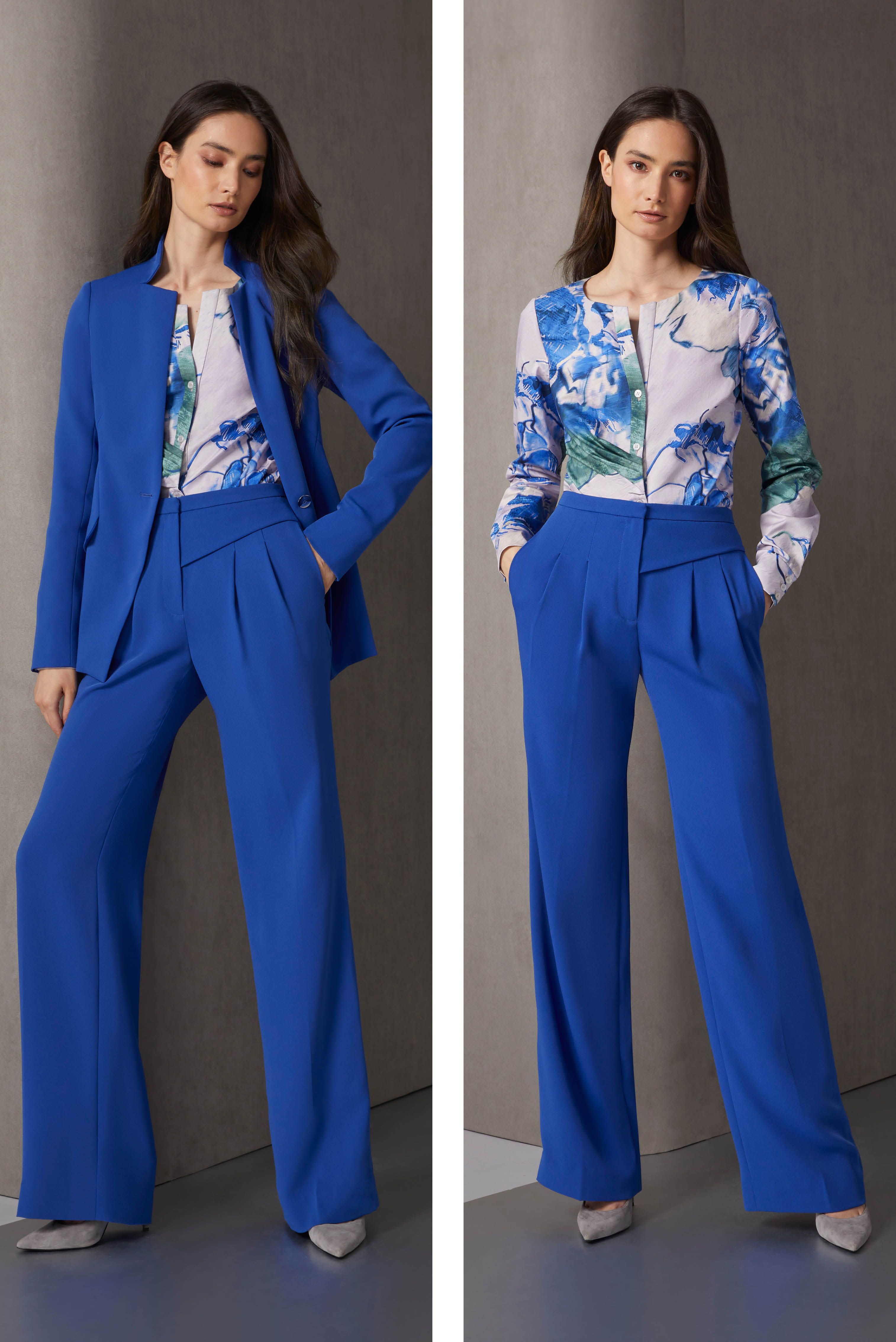 Modern tailoring distinguishes this suit in a bright new navy blue called nouvean. The jacket with a hammered, shiny nickel button foregoes collar and lapels for sleek notches. Its front shaping panels become pocket flaps.