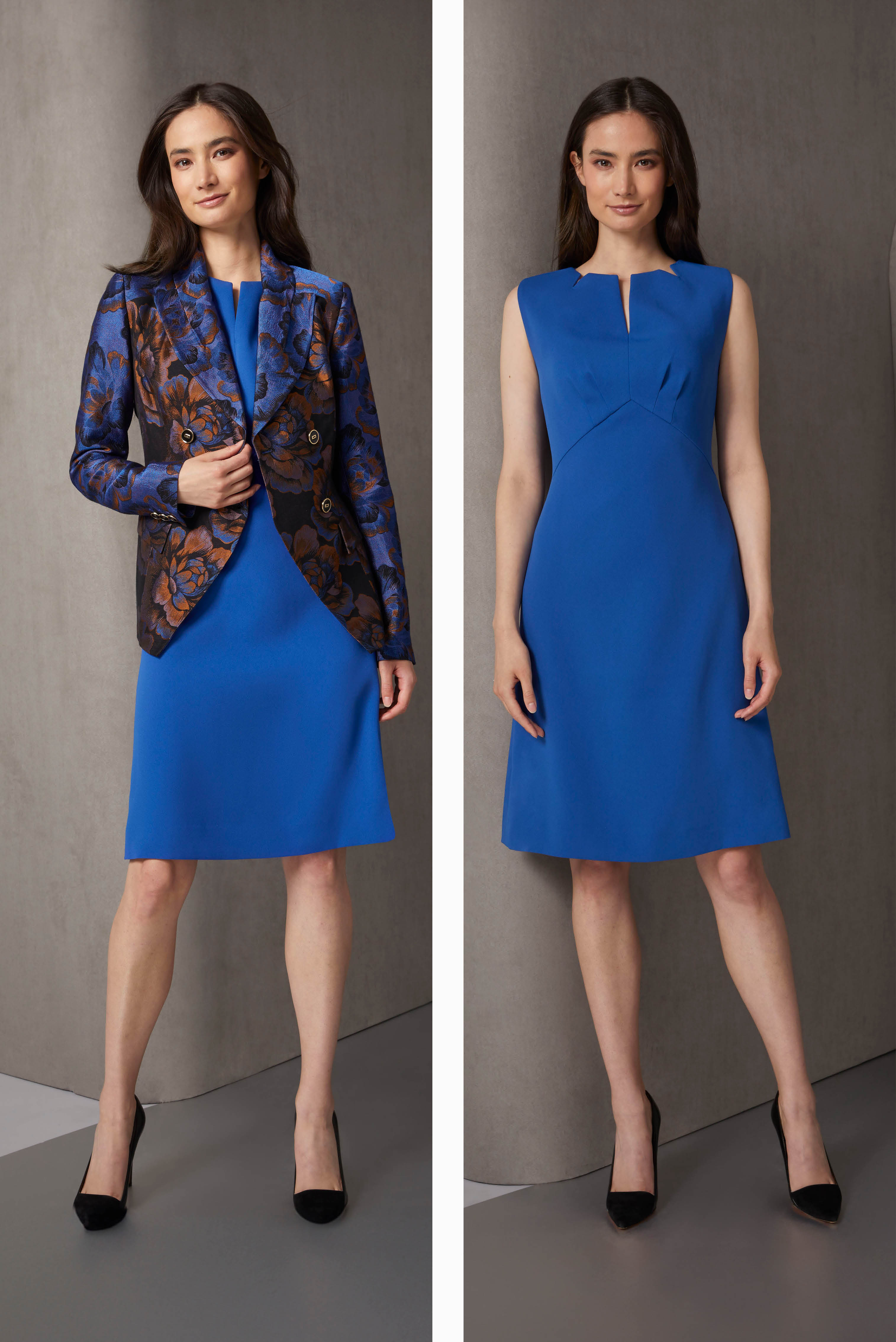 Wardrobe to dazzle at special holiday events in this blue Japanese crêpe sheath dress, layered with a tuxedo jacket in a two-sided French jacquard. The cutaway jacket is patterned with photogenic oversized flowers in glowing gemtone colors.