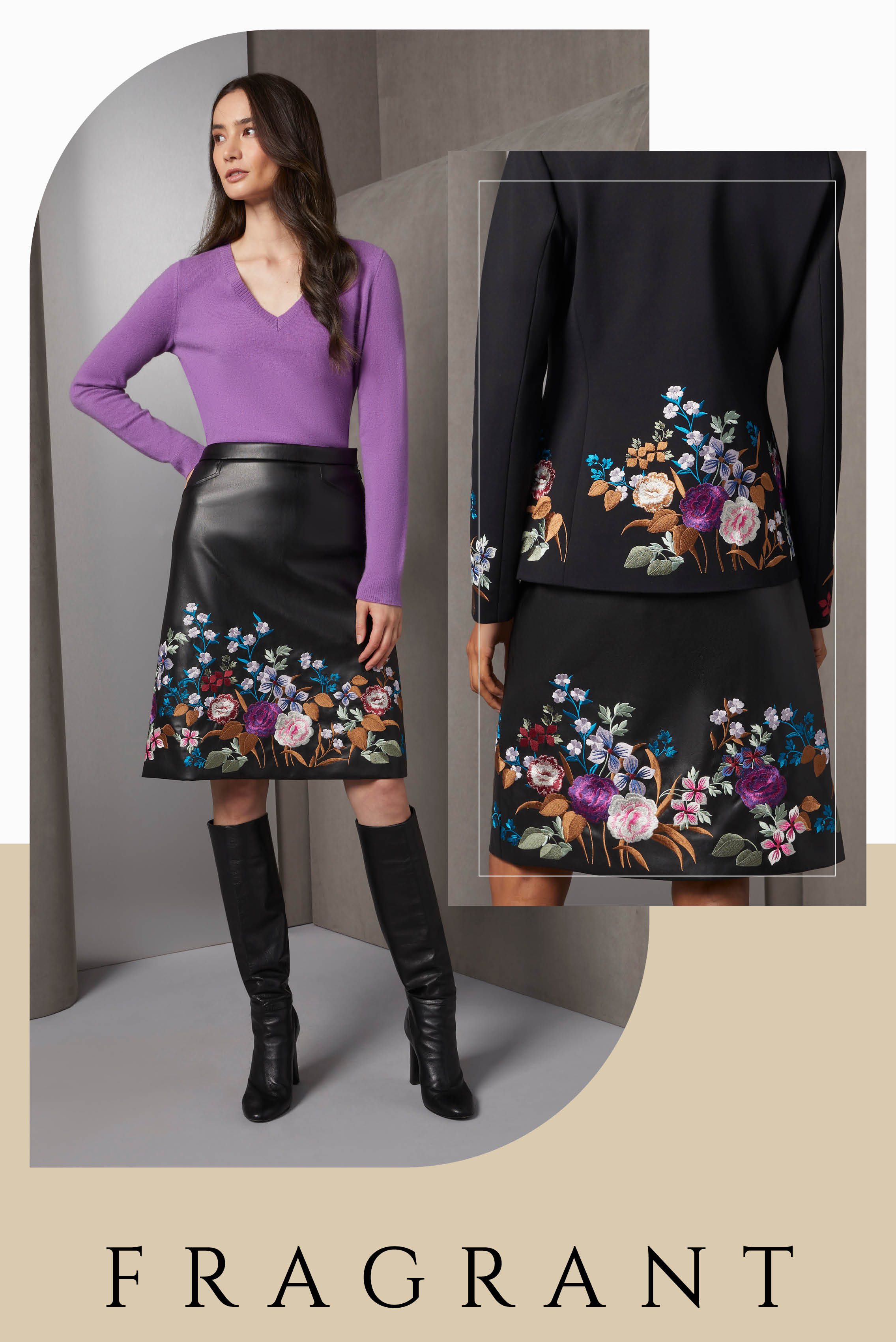 Luxurious floral embroidery in nine rich colors adorns the front and back of this remarkably supple black skirt in vegan leather. The feminine cashmere pullover in viola coordinates with two purple shades among these opulent blossoms.