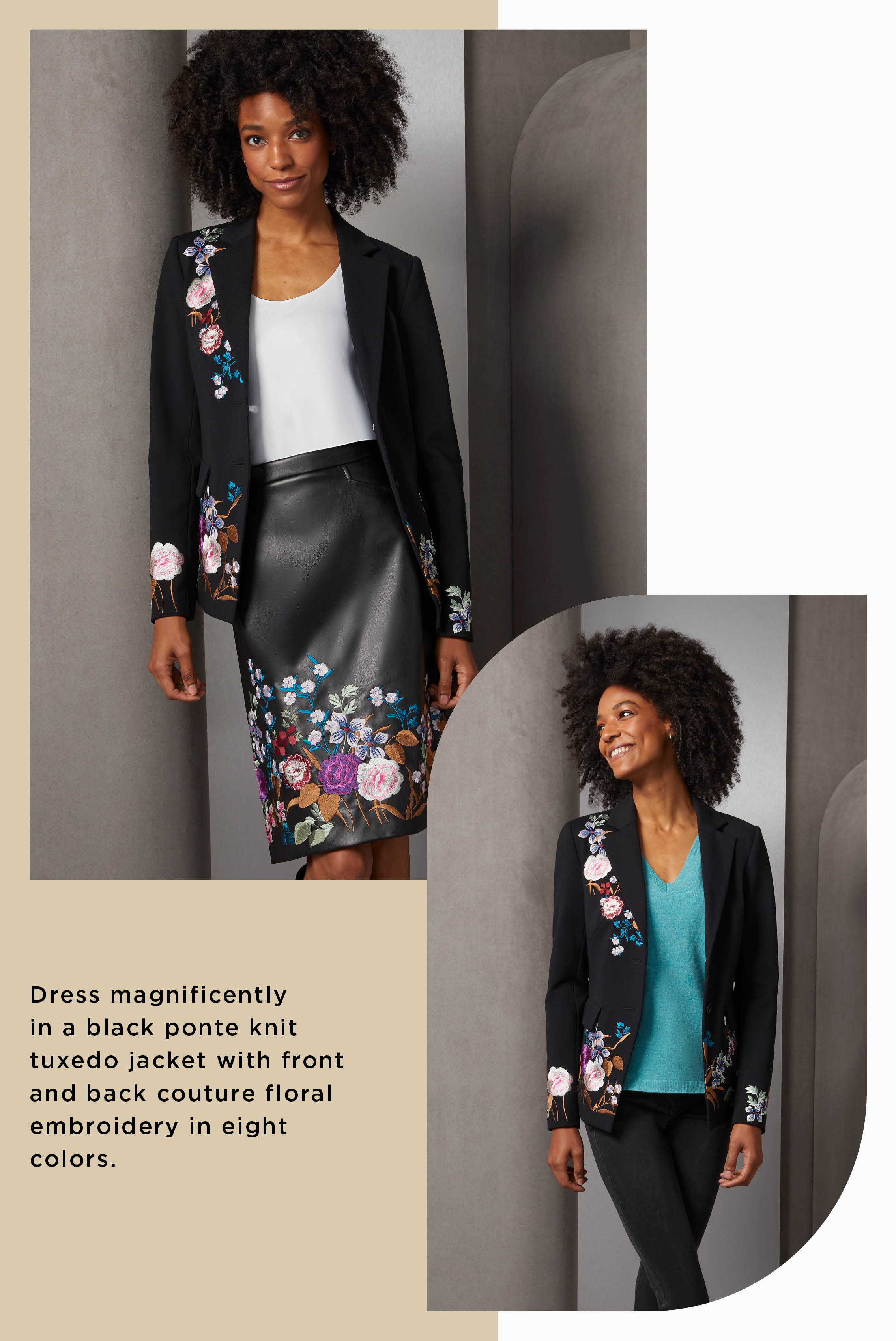 This black suit, comprising a stretch ponte knit blazer and supple, faux leather skirt dominates any special occasion with a whole conservatory of rare embroidered flowers in eight rich colors. 