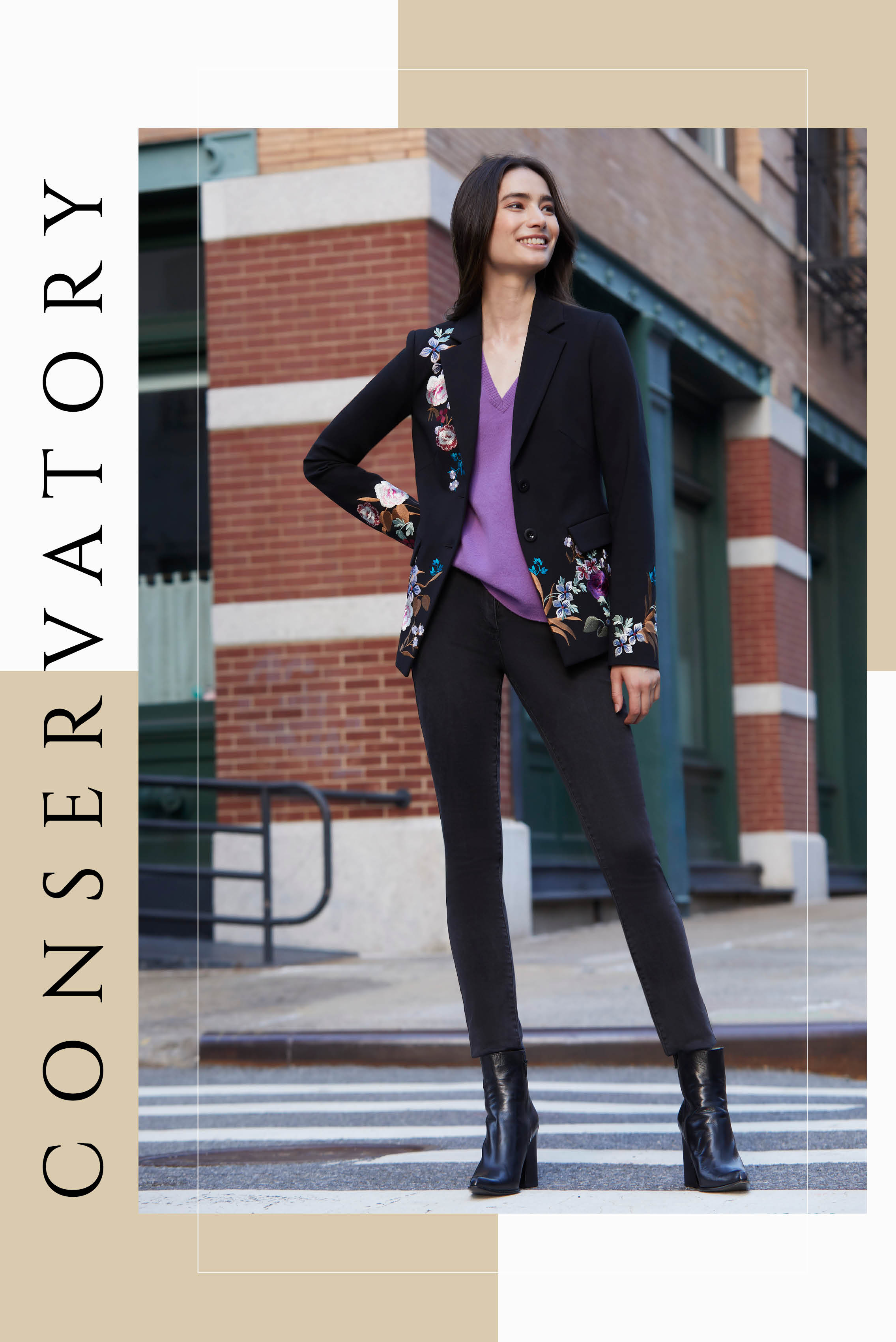 Dress magnificently in a black ponte knit tuxedo jacket with front and back couture floral embroidery in eight colors. Make the look more accessible with a purple feminine cashmere V-neck.