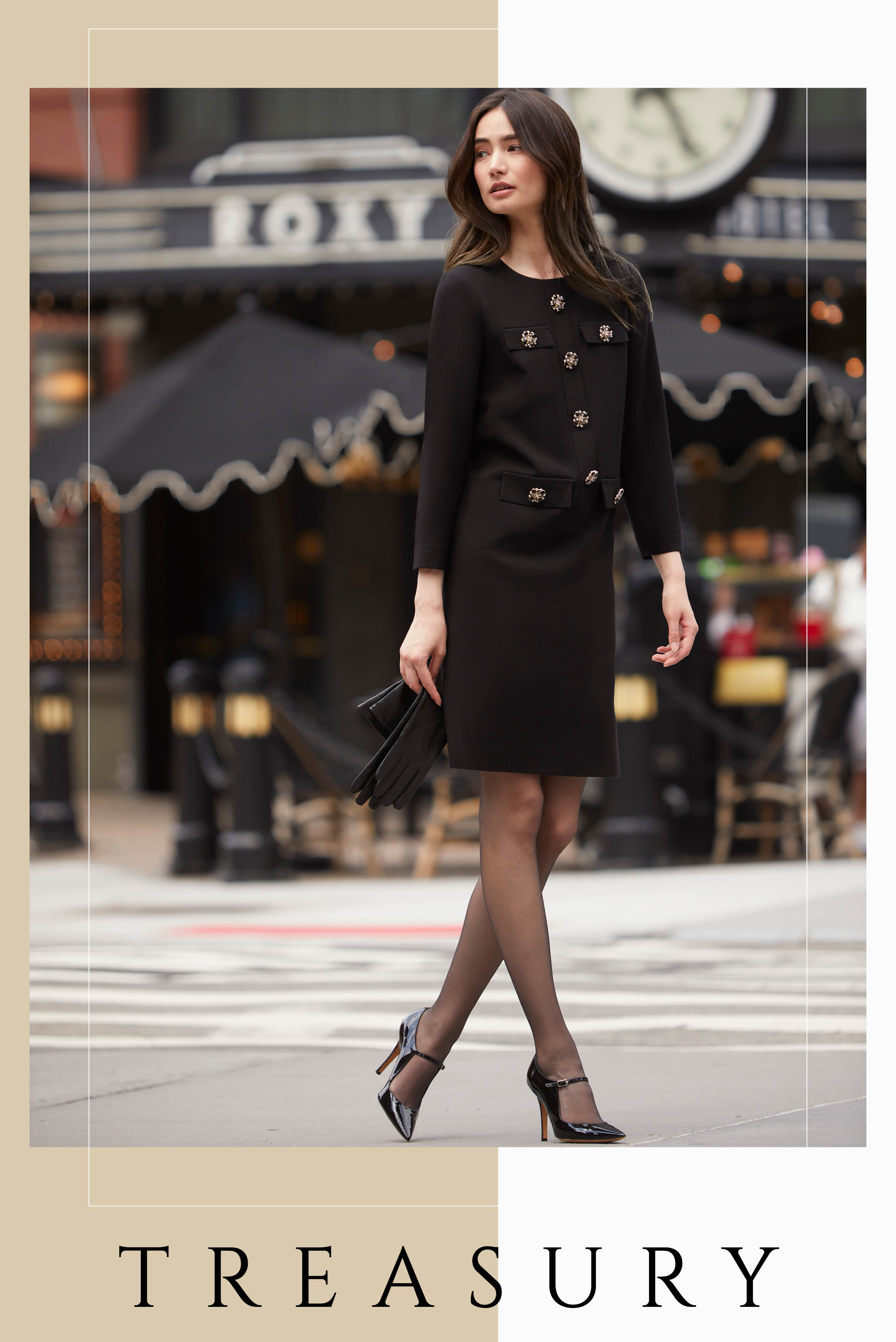 Supremely elegant styling graces this Italian black jacquard sheath, textured for rich surface effects under party lighting. Front row at the opera would be ideal, especially with these kid-soft black leather opera gloves.