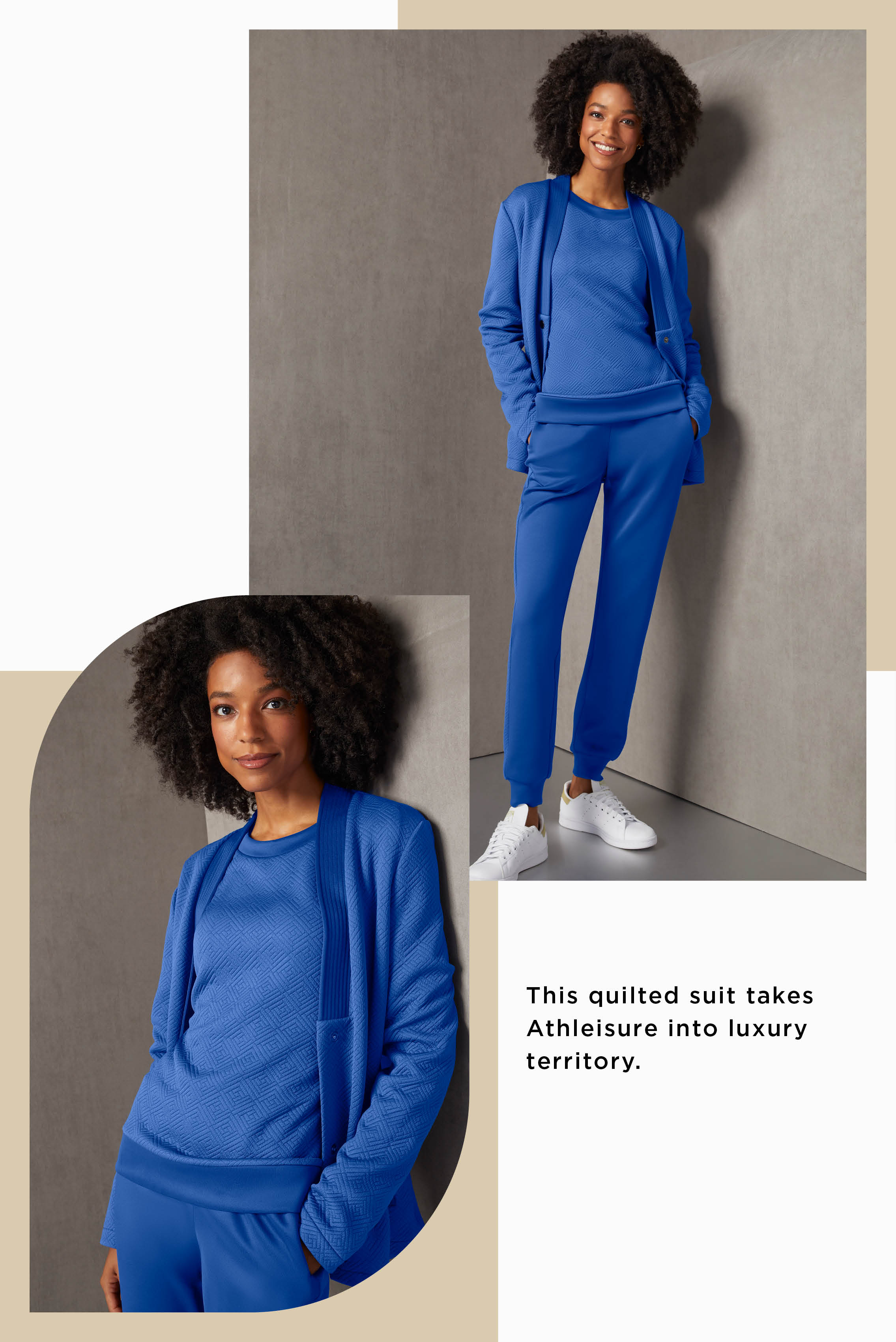 This quilted suit takes Athleisure into luxury territory. The bomber jacket, sweatshirt, and track pants feature luxurious meander quilting. The snap-front jacket has rich trapunto at the shawl collar and pocket besoms.