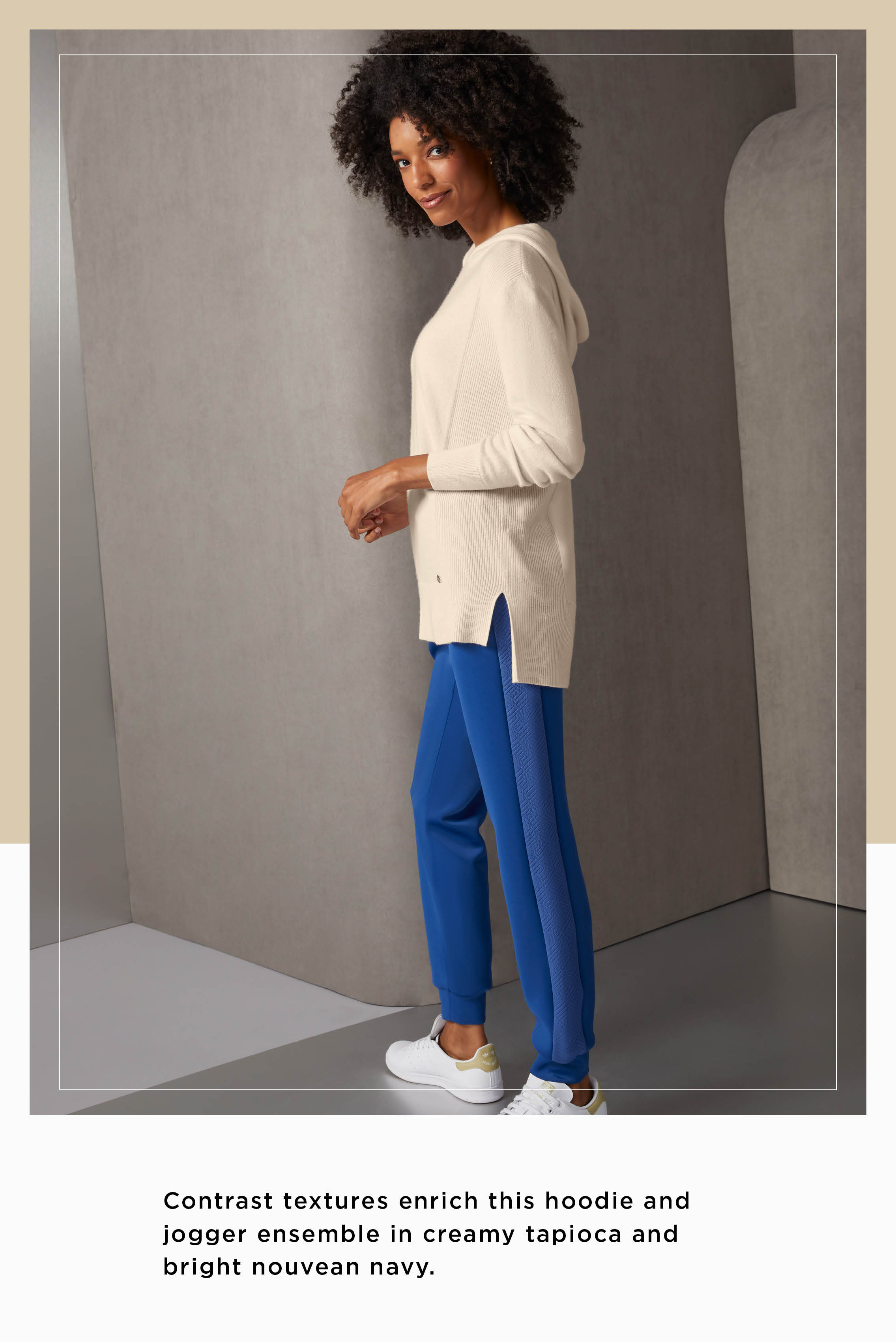 Contrast textures enrich this hoodie and jogger ensemble in creamy tapioca and bright nouvean navy. The high-low jersey hoodie is pure cashmere, with rib-knit accents at the sides, cuffs, and slit hem.