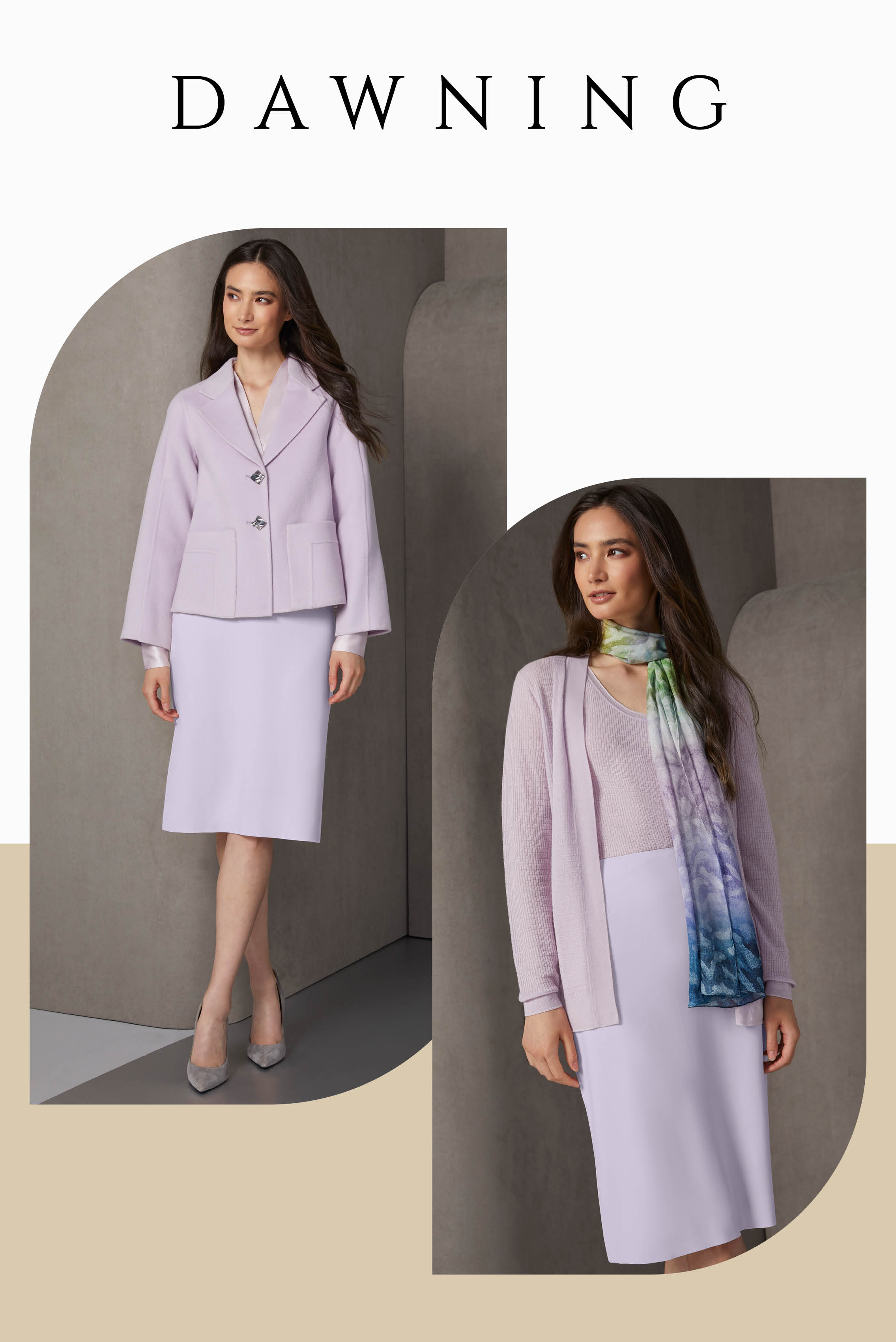 Shiny, matte, and plush textures enrich this look in a unique winter shade of lavender fog. The wooly swing jacket has front frames and multiple back seams that coordinate with the panels and double back slits of the pencil skirt.