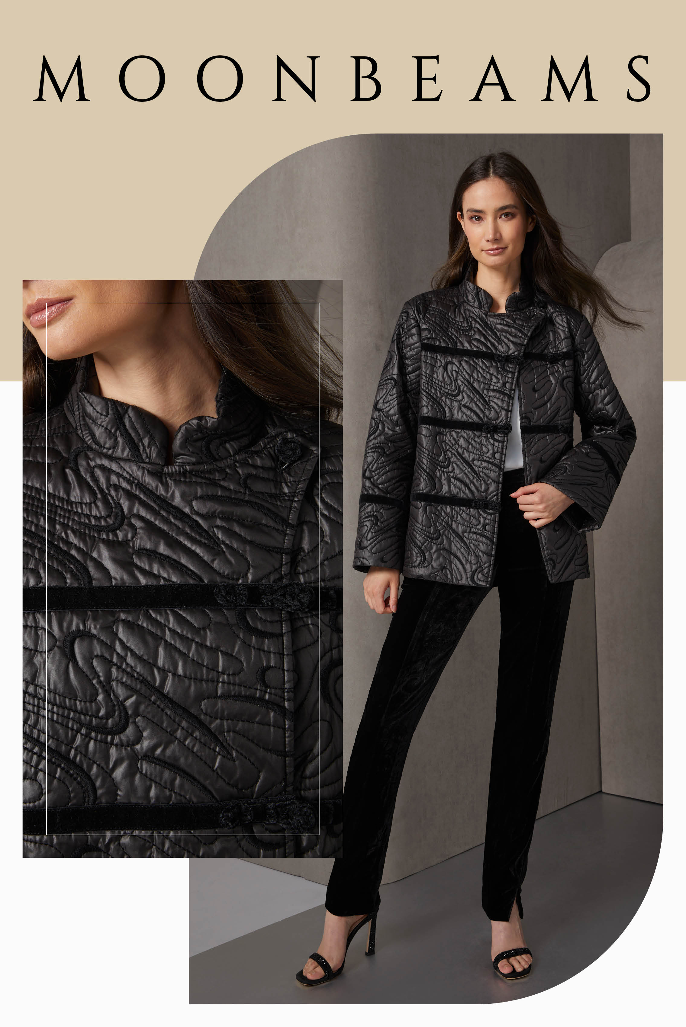 This look is a trend-right column of black with Asian allure in sumptuous materials. The Mandarin jacket features swirling topstitching and embroidery, velvet passementerie, and luxe frog closures.