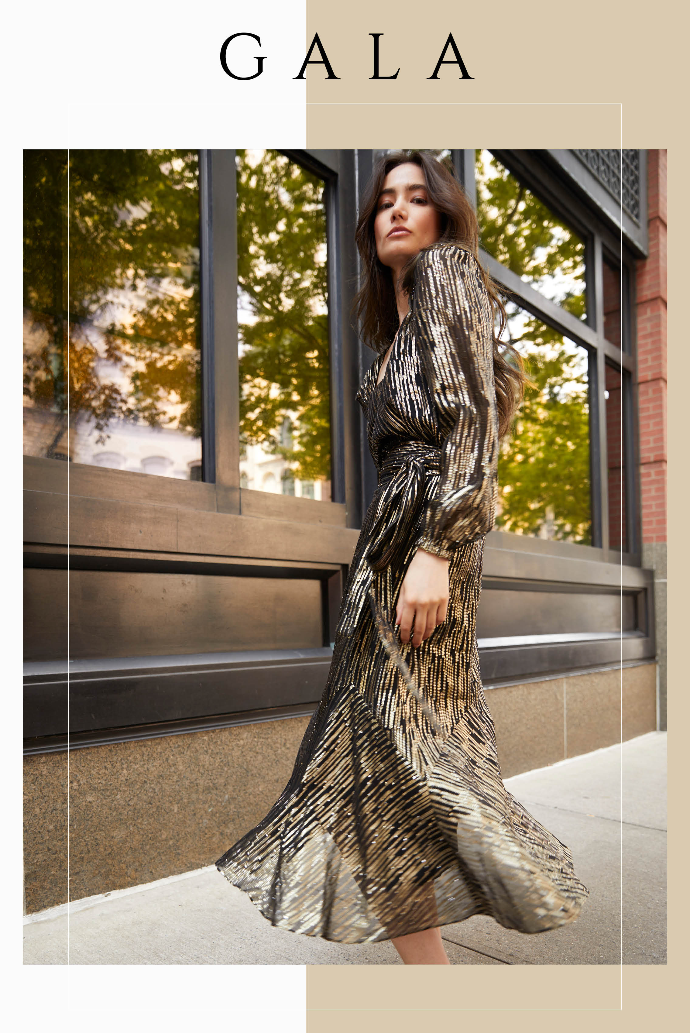 Enjoy a perfect fit for the top and skirt of this ensemble that looks like a belted evening gown. The silk-enriched fil coupé jacquard has a generous metallic gold component that takes the form of cascading stripes.