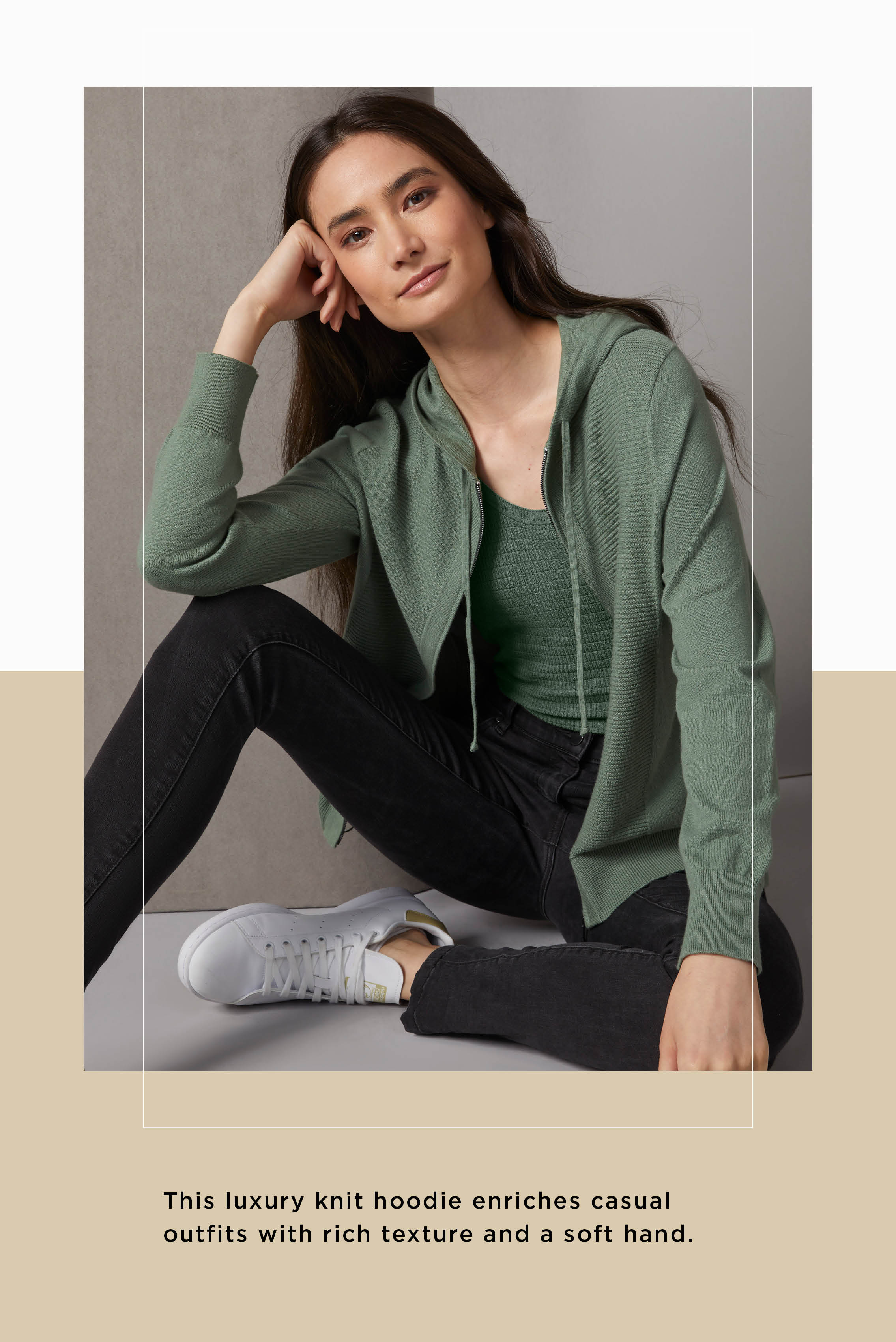 This luxury knit hoodie enriches casual outfits with rich texture and a soft hand. This style is cashmere softened and textured with panels of flat back ribs. 
