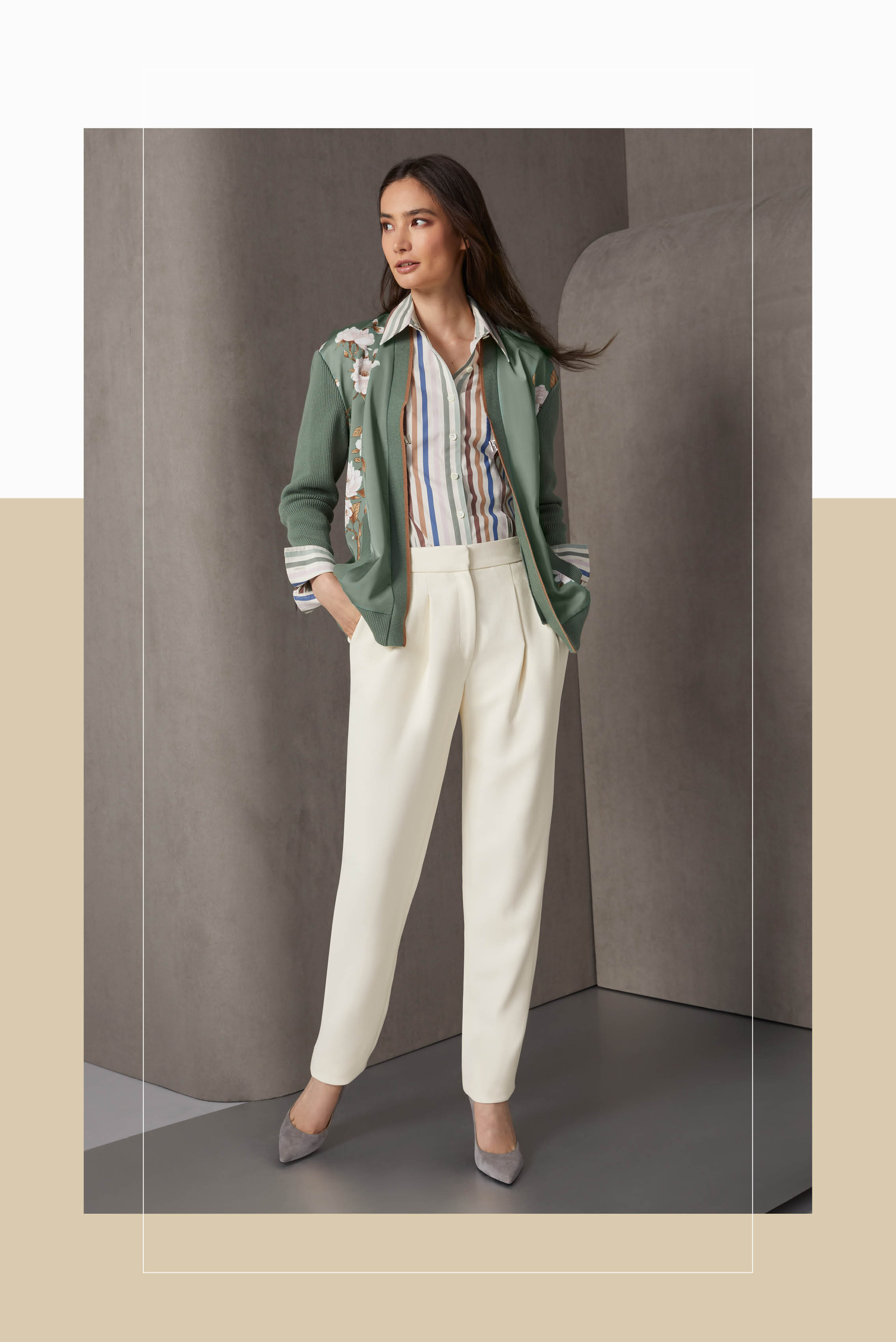 Creamy tapioca is the connector color that unites this trio of sensual delights. The cardigan has a silk twill front with a Japanese gardenia print.