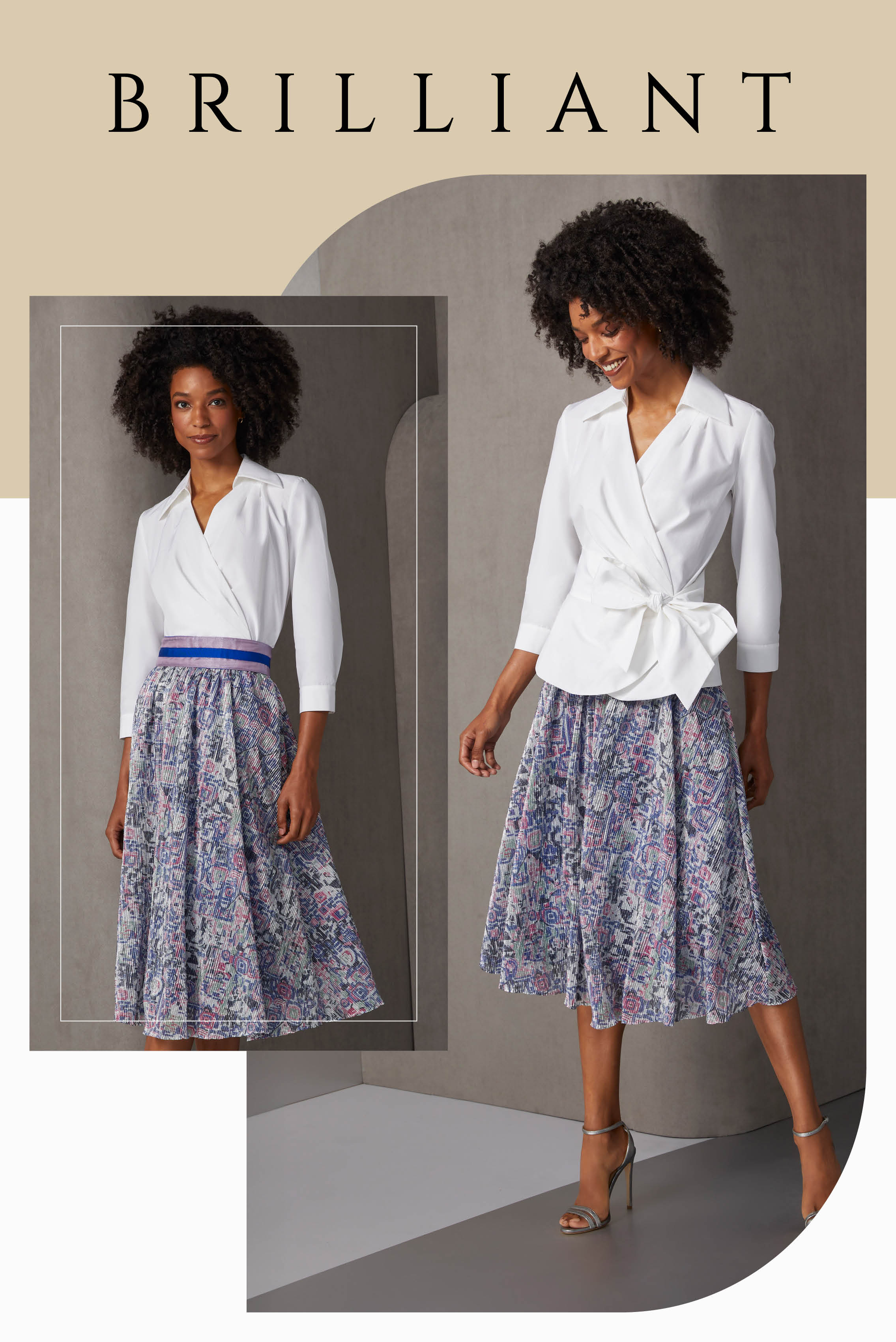 A foil-finished plissé midi skirt dazzles with its modern art print and optional ultraviolet cummerbund, crafted in organza and grosgrain ribbons. The drama of the skirt is matched by that of the white, silk-rich wrap blouse with an optional self sash. 
