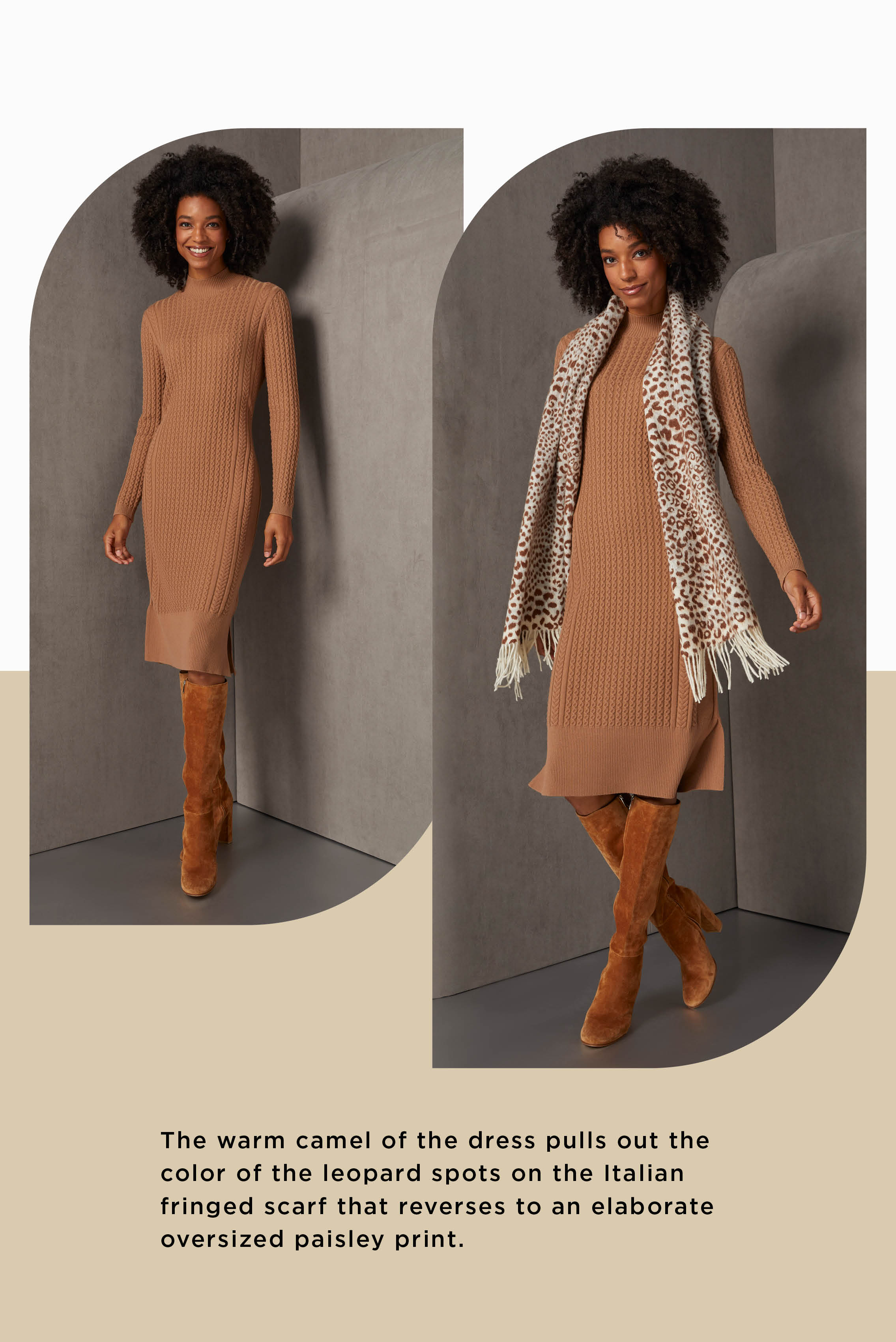 This dress offers fluid, silk-softened cotton comfort in rich contrasting stitches that include chain cable, spine cable, reverse jersey, and seed stitch side columns.